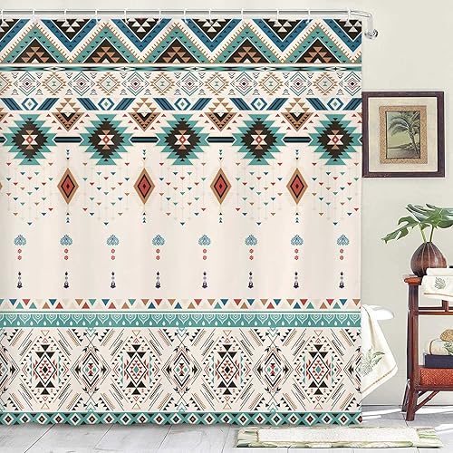 Cortina de ducha estilo bohemio occidental para baño, patrón azteca del suroeste nativo americano, tribal navajo, bohemio, juego de cortinas de