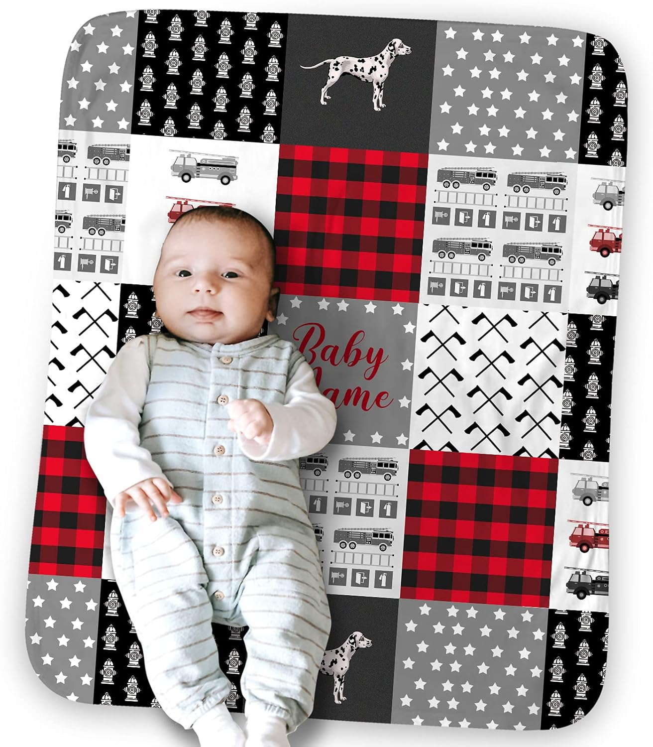 Personalized Baby Name Firefighter Dog Blankets Printed Axe, Fireman, Lattice, Patchwork Blanket, Super Soft Double Layer Soft Plush Minky Dots Blanket, 30x40inches