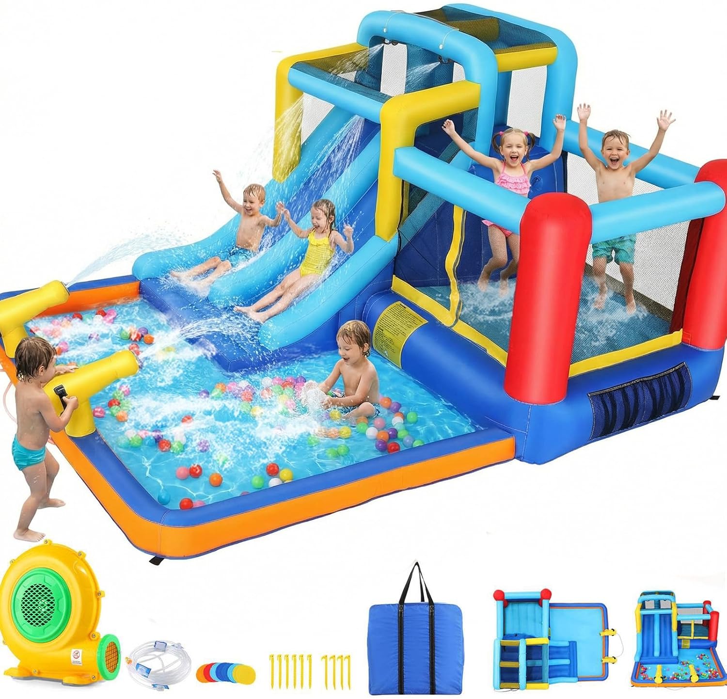Whubefy Inflatable Water Slide, 12x10FT Water Park w/2 Slides, Jumping House, Climbing Wall & 2 Water Cannons for Outdoor, Water Slide Bounce House for Backyard, Summer Fun Hold 5 Kids