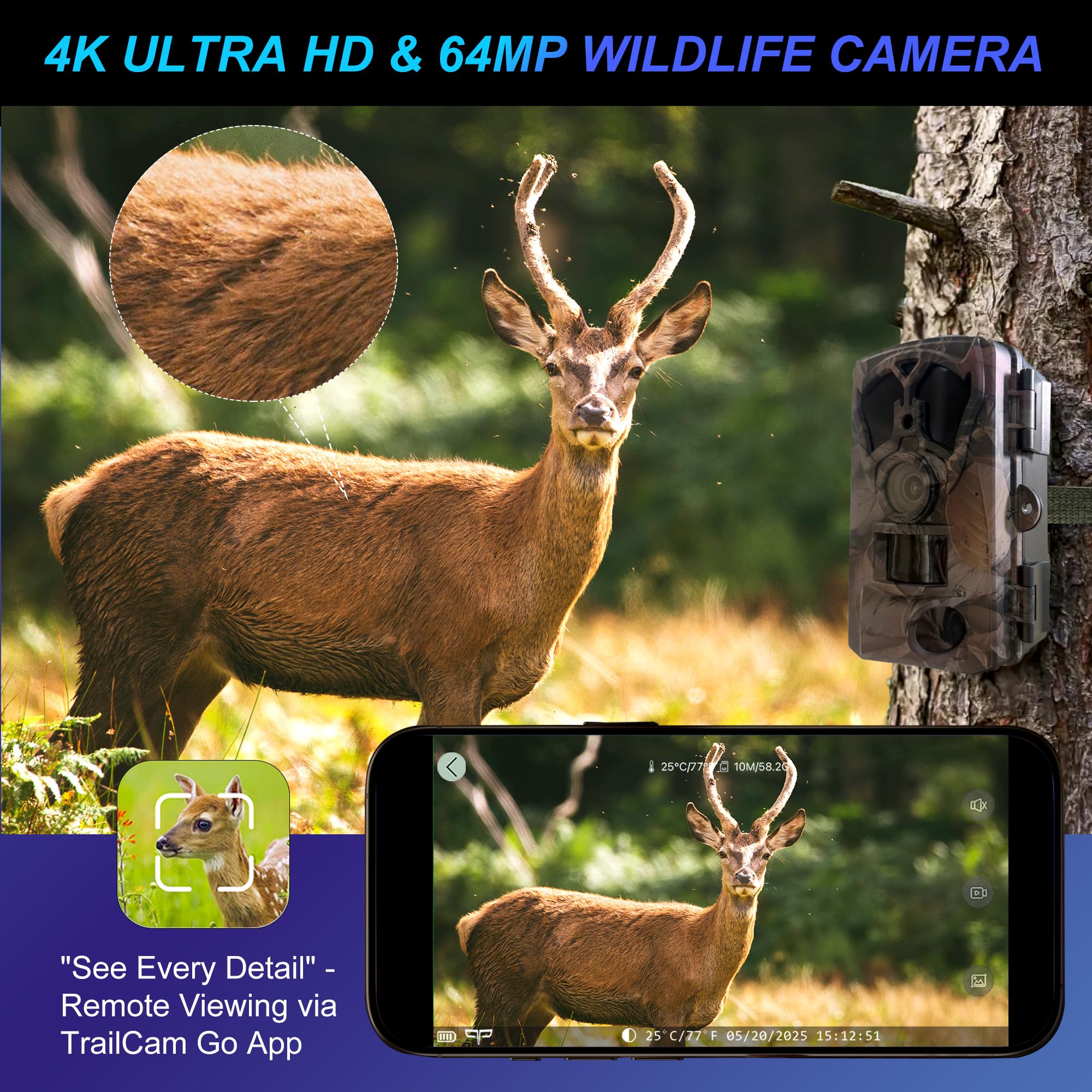 Origem Fototrappola Notturna WiFi 64MP 4K con 64GB SD e App, Fotocamera Caccia 0.1s IR Invisibile 940nm 120° Ultra Grandangolo, Visione Notturna 25m IP66