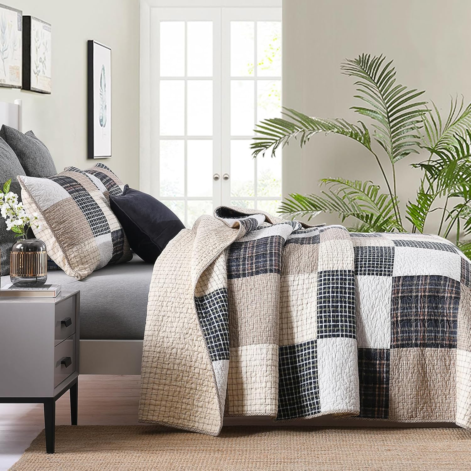 Quilts Queen Size - 100% Cotton Quilt Set with Matching Shams, Real Patchwork Plaid Reversible Quilt for Queen Bed, 3 Pieces Lightweight Coverlet Set for All Season, Brown/Beige/Charcoal