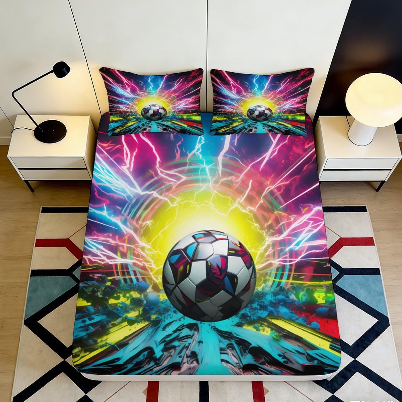 3D Printed Electric Lightning Fitted Sheet Microfiber Soft Durable Neon Soccer Ball Bed Cover for Bedroom Dormitory Guest Room Mattress Protection 140x200x25cm