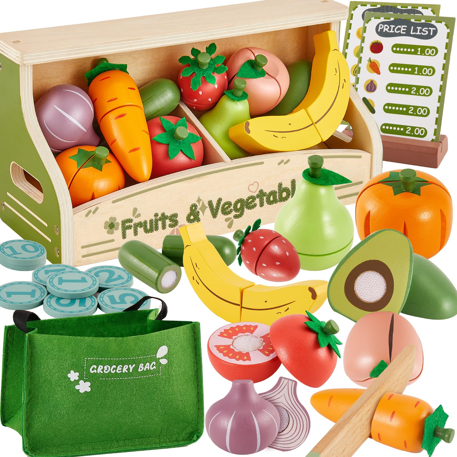 BUYGER Frutas y Verduras Juguete para Cortar, Comida Juguete Cocinita con Mostrador, Madera Juguete para Cocina para Niños 2 3 4 5 Años, Regalo Educativo para Aprender a Comprar y Vender