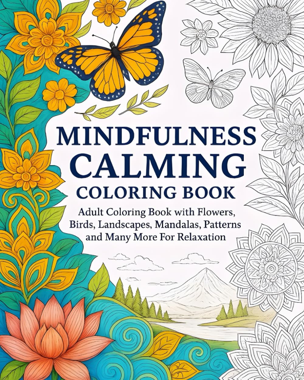 Mindfulness Calming Coloring Book: Adult Coloring Book with Flowers, Birds, Landscapes, Mandalas, Patterns and Many More For Relaxation