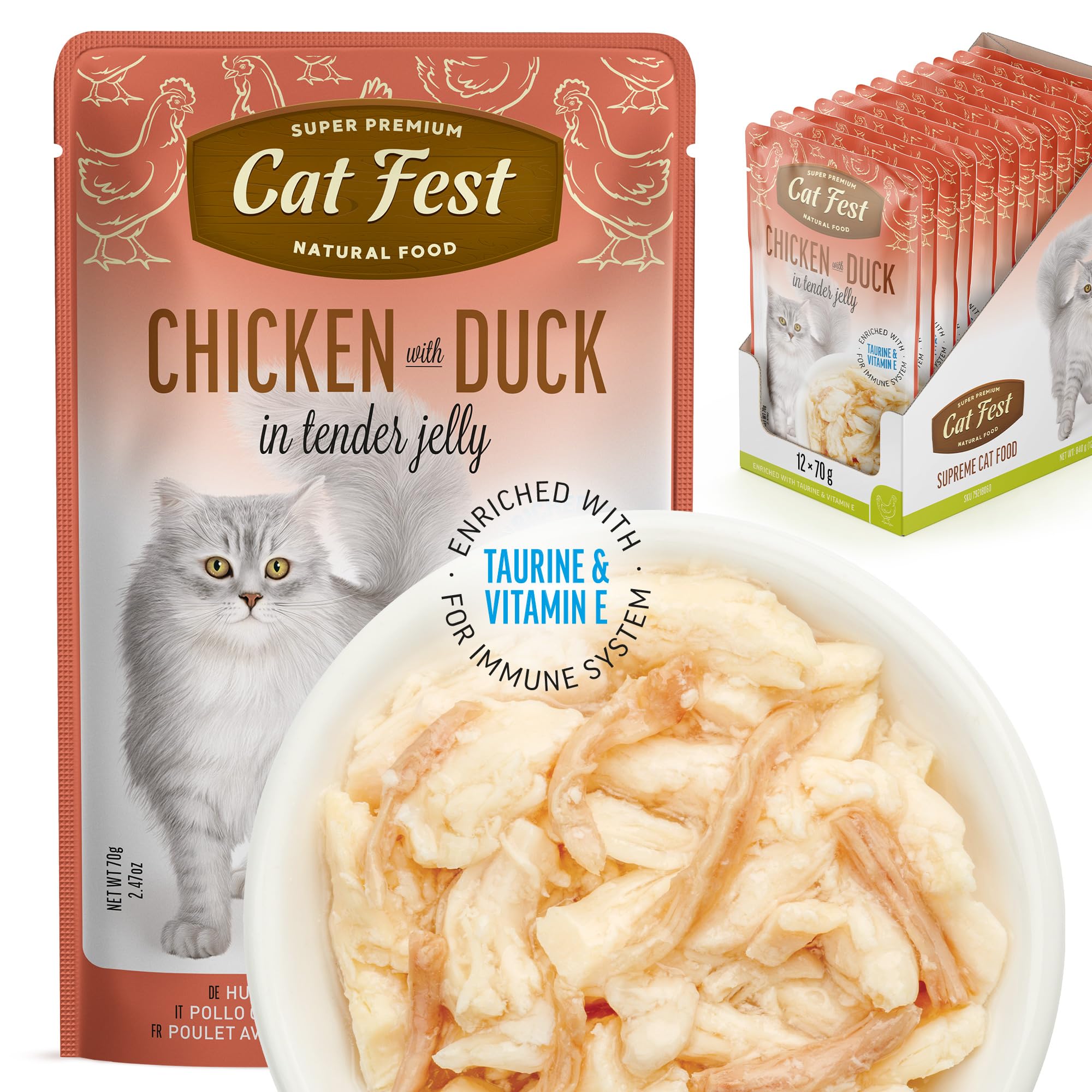 Cat Fest Chicken Fillets with Duck in Tender Jelly, 100% Natural Wet Cat Food Pouches, High Meat Content, Enriched with Taurine, Vitamin E & Fish Oil, 12 x 70g