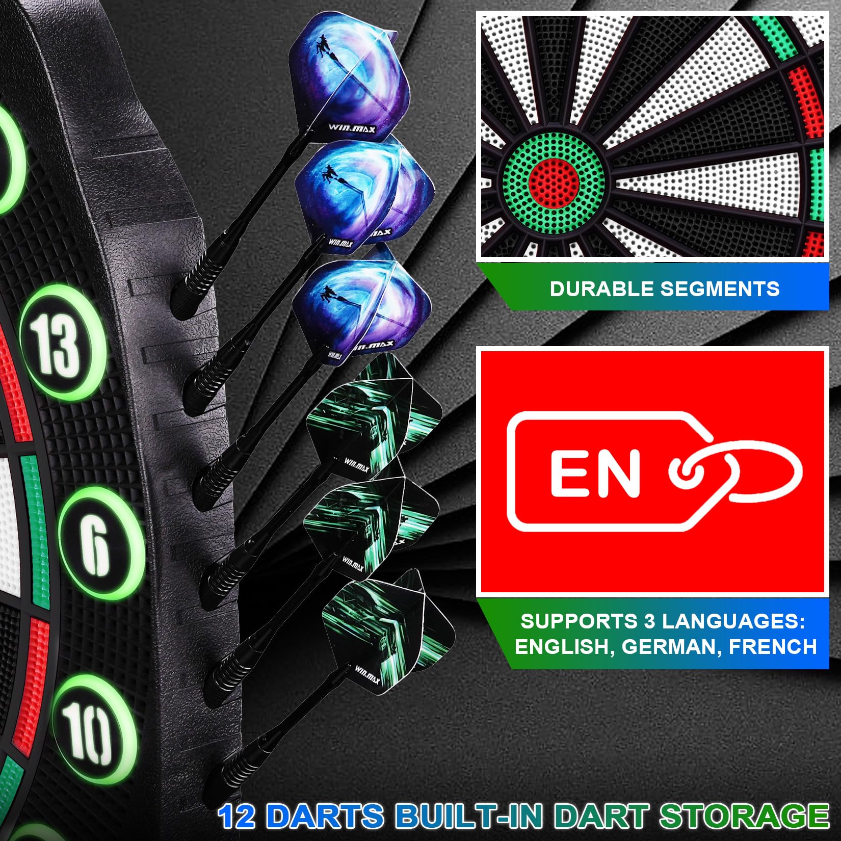 Bersaglio elettronico professionale 34 giochi 354 varianti 3 lingue tedesco inglese francese 1-8 giocatori 12 freccette