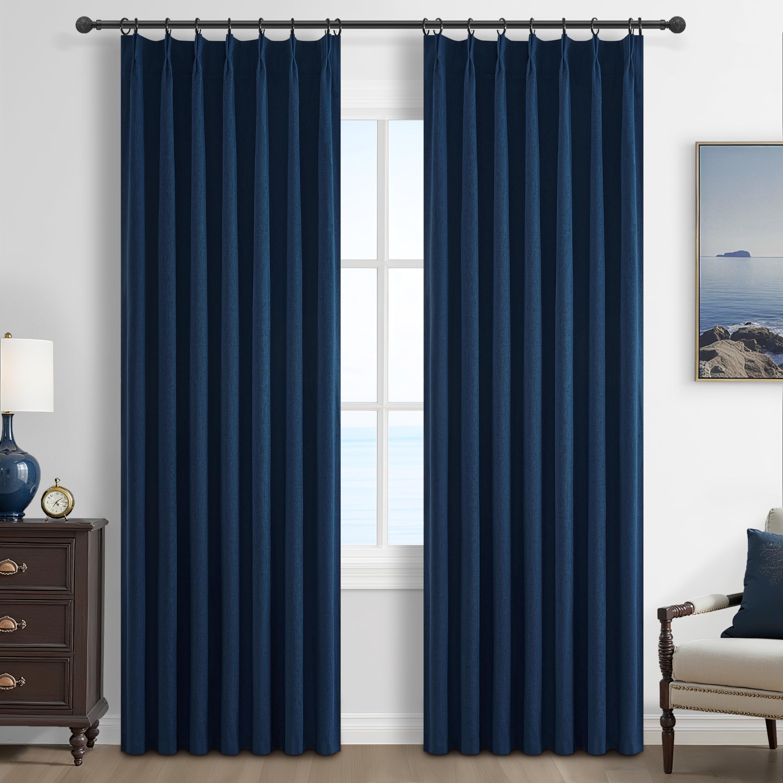QJmydeco Navy Blue Blackout Curtains 90 Inch Length for Kids/Boys Rooms/Bedroom, Pinch Pleated Drapes with Hooks Viral Linen Thermal Coastal Curtain Dark Blue Window Burg (40" Wx90 Lx 2 Panels) โ image 1