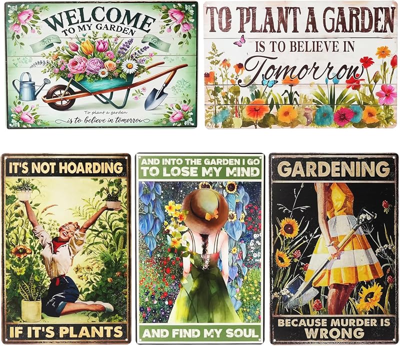 5 PCS Jardín Cartel de chapa Vintage Jardinería Metal Arte de la pared Decoración Regalos al aire libre | Letreros de jardín para patio, patio, porche, decoración de invernadero al aire libre, 12.0 x 8.0 in