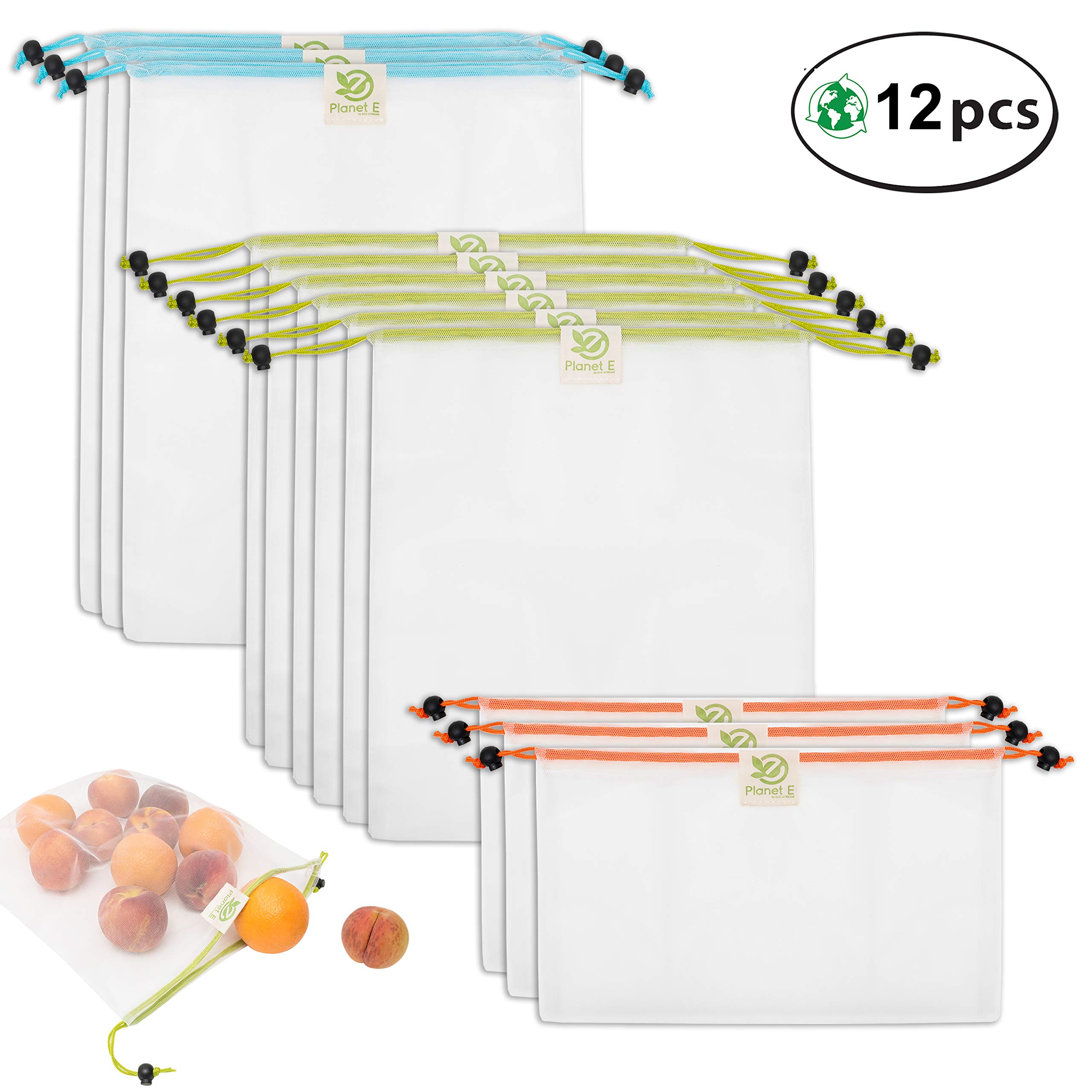 PLANET Eby Eco Stream Reusable Mesh Produce Bag Assorted Sizes Set of 12 for Grocery Shopping, Fruits, Vegetables