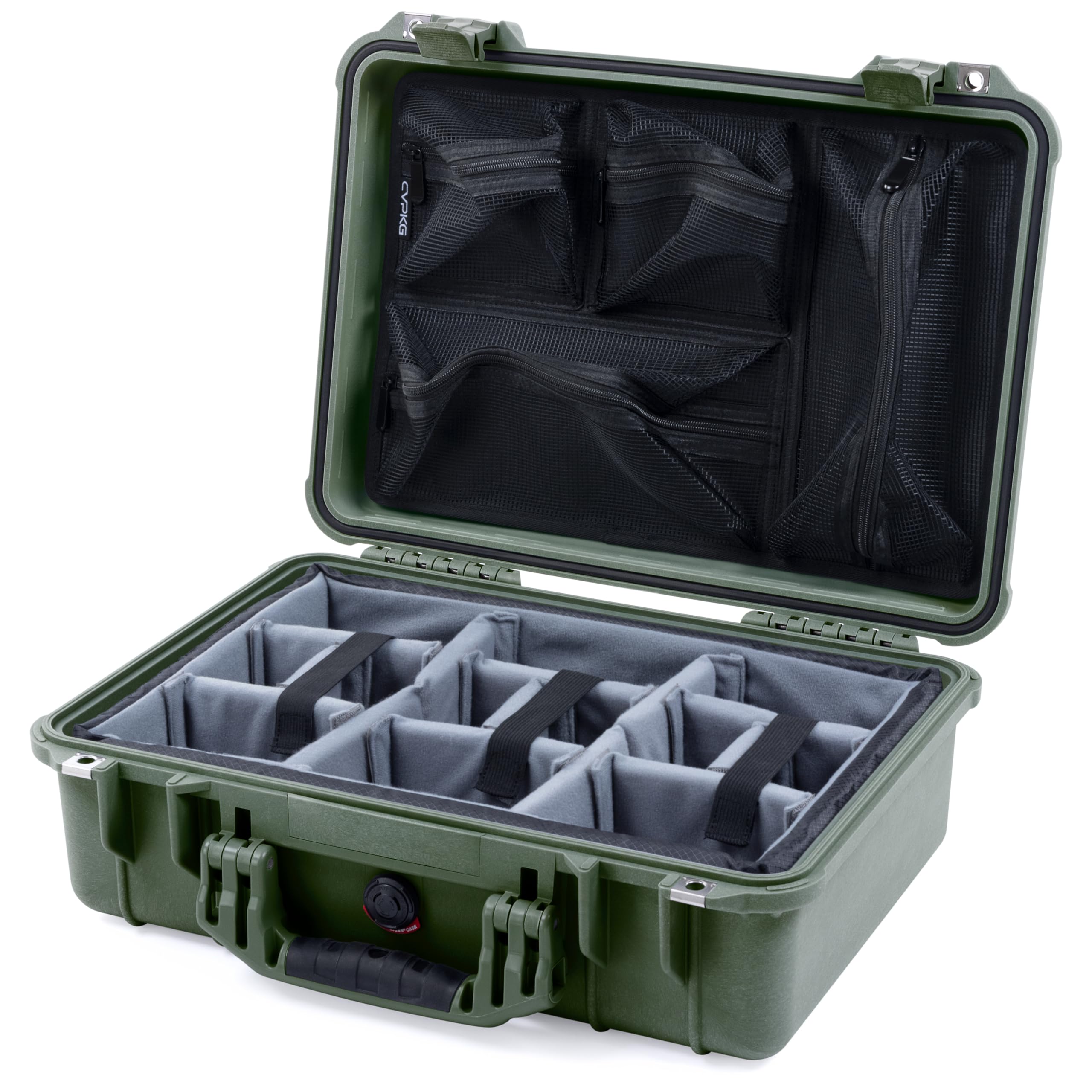 ColorCase Pelican 1500 Case OD Green - Medium Size Waterproof Case with Gray Divider & Mesh Lid Organizer - OD Green Handles & Latches