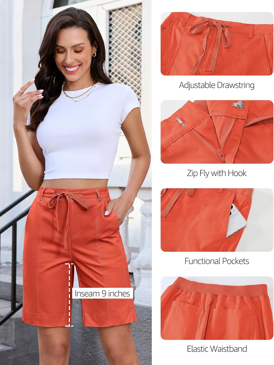 luvamia Bermuda Shorts for Women Trendy High Waist Knee Length Chino Long Shorts Drawstring Summer Casual Short 9" - Image 4