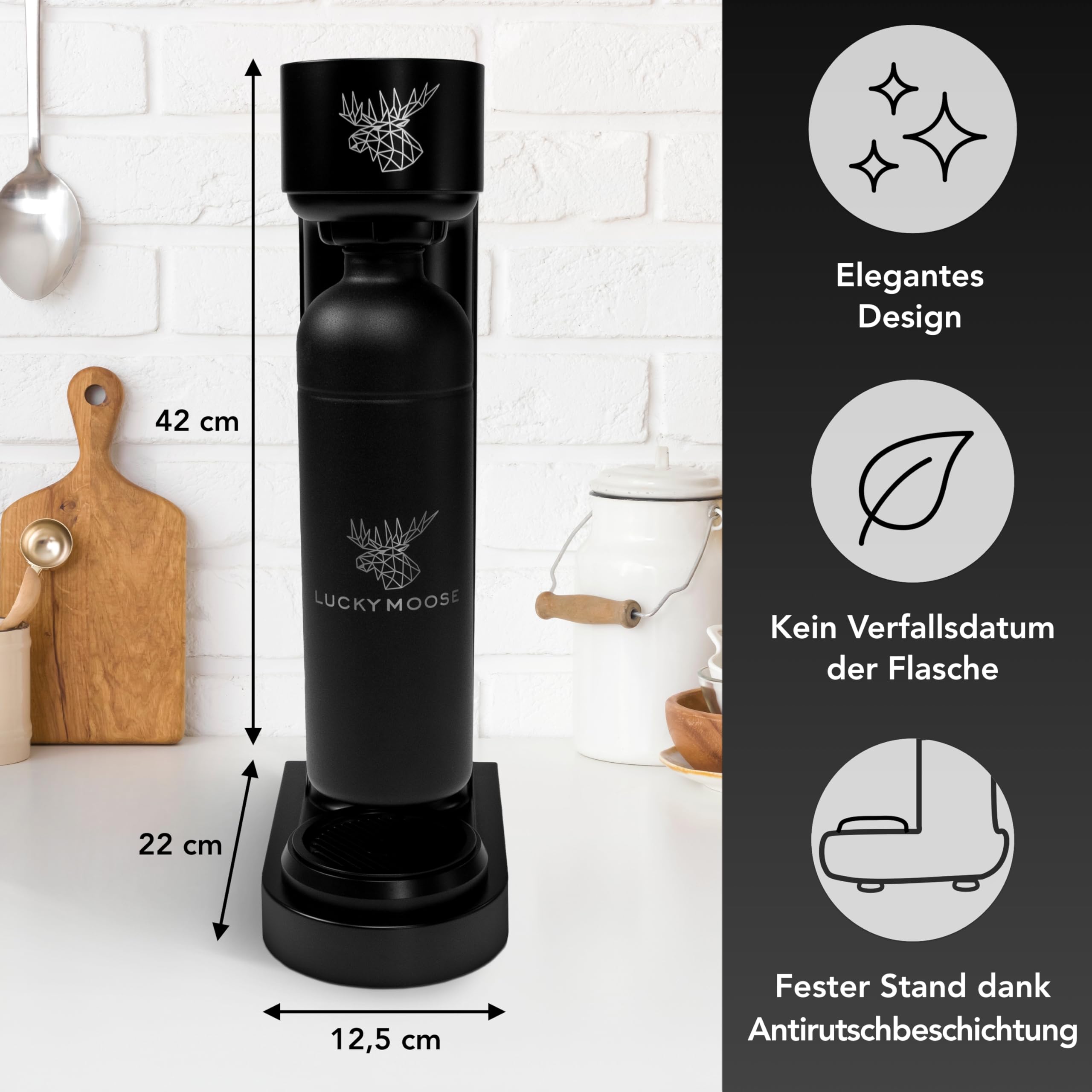 Luckymoose Infinity Wassersprudler mit 2x 1,25L langlebigen, spülmaschinenfesten Edelstahlflaschen – CO₂-sparende Sprudelwasser Maschine – Kompatibel mit den blauen 60l CO₂-Zylindern