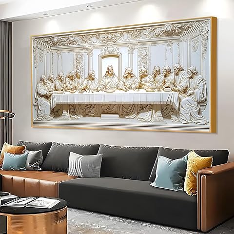 fouholk The Last Supper Canvas Wall Art, Last Supper Wall Decor, Jesus Canvas Art Wall Decor, Modern Luxury Wall Art, Christian Poster, Living Room Art (Gold Framed, 23"x12"|60x30cm)