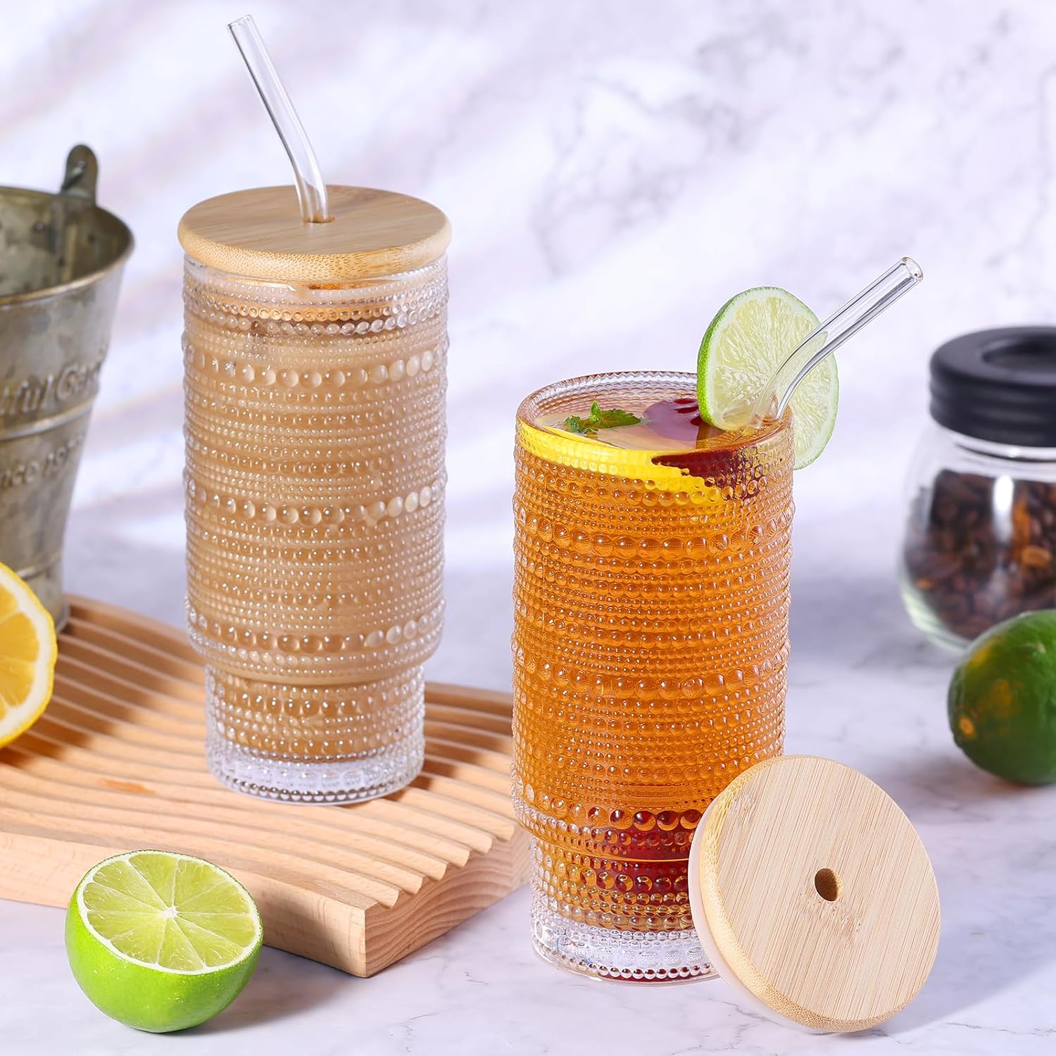 16 oz Glass Cups with Lids and Straws, Clear Iced Coffee Cups with Lids, Hobnail Drinking Tumbler Set for Matcha Latte Juice (4 Pack) - Image 5
