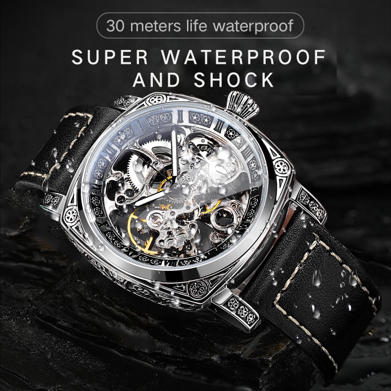 Reloj mecánico retro cuadrado de lujo para hombre, magnífico esqueleto hueco tallado automático relojes vintage correa de cuero reloj de pulsera plateado Dail correa negra, plateado, 5