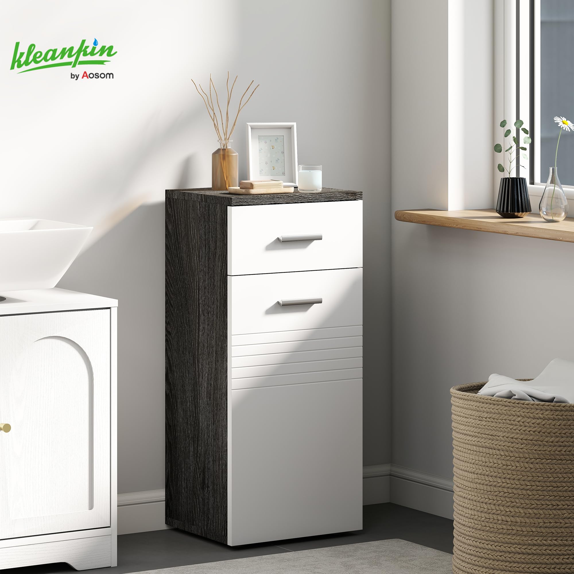 kleankin Mobile Bagno con Cassetto e Armadietto a un'Anta, Mobiletto da Bagno Salvaspazio in Legno, Armadietto per Sala da Pranzo, Salotto, Soggiorno, Cucina, 35x30x77.5 cm, Bianco e Nero