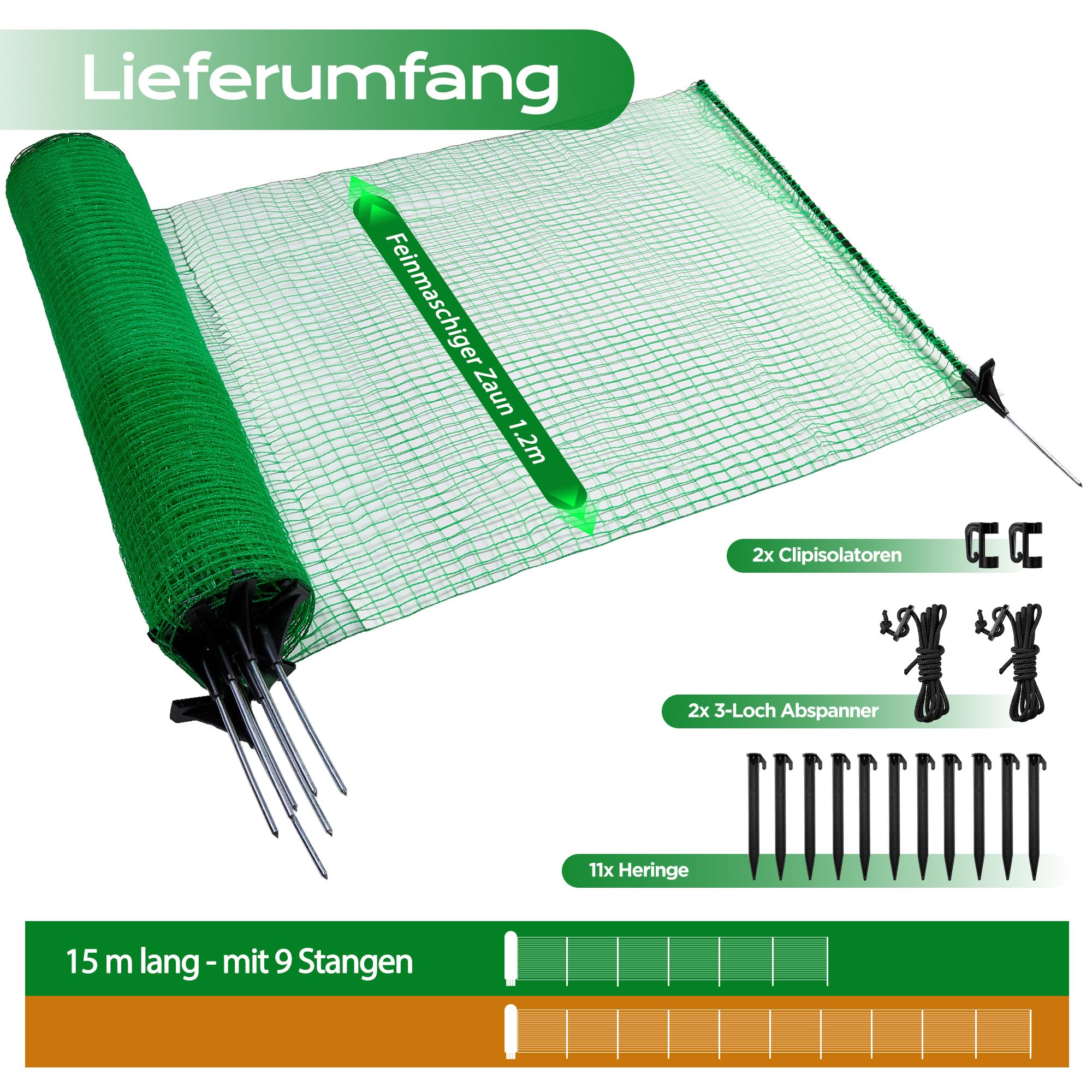 Signstek Clôture de délimitation mobile, 120 cm de haut, 15 m de long, 9 piquets - Clôture pour chien et jardin - Vert