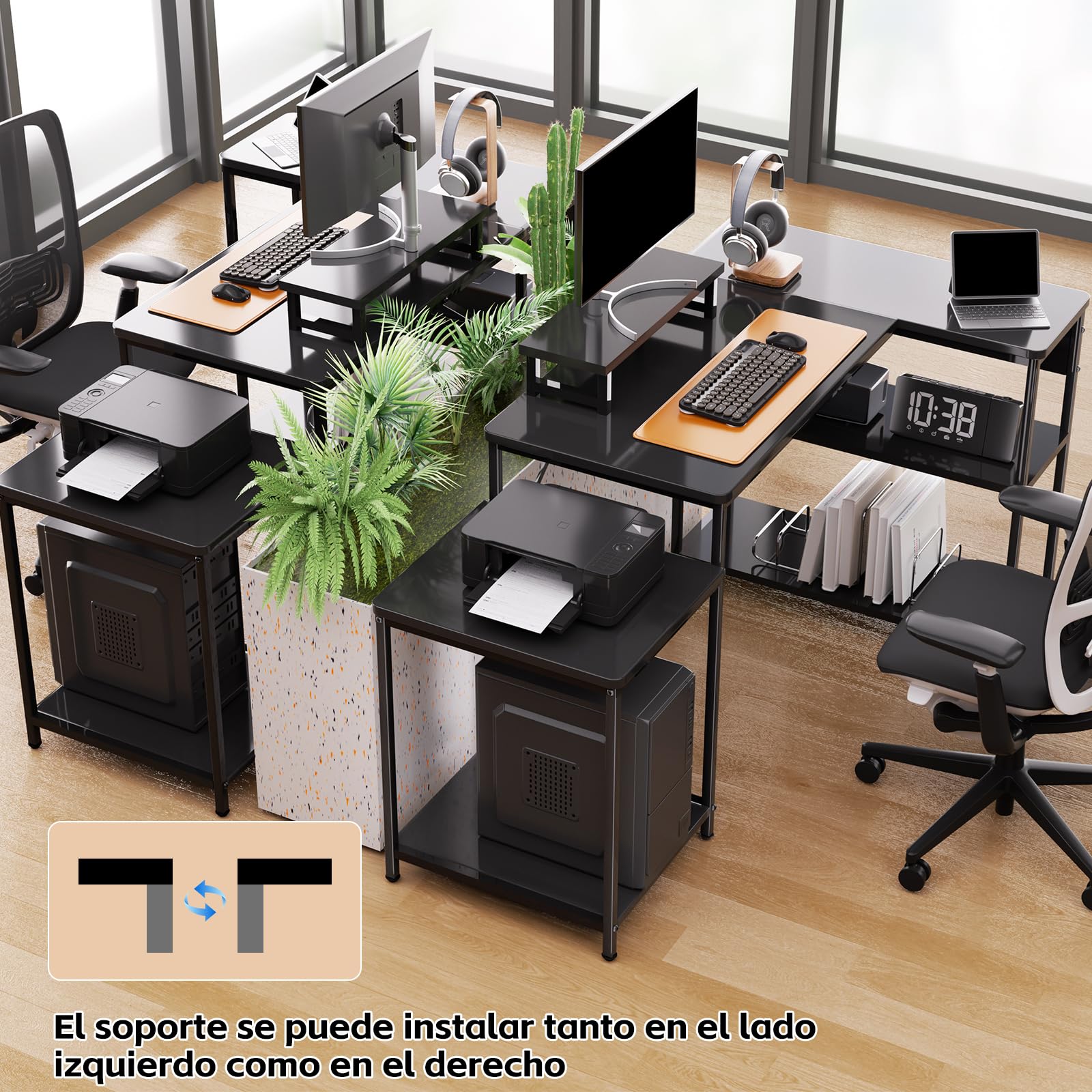 Escritorio Esquinero, 152x80cm Mesa Escritorio en L con Monitor Stand, Escritorios Esquina Reversible con Almacenamiento para Oficina en Casa, Altura Regulable Escritorios Gaming, Negro
