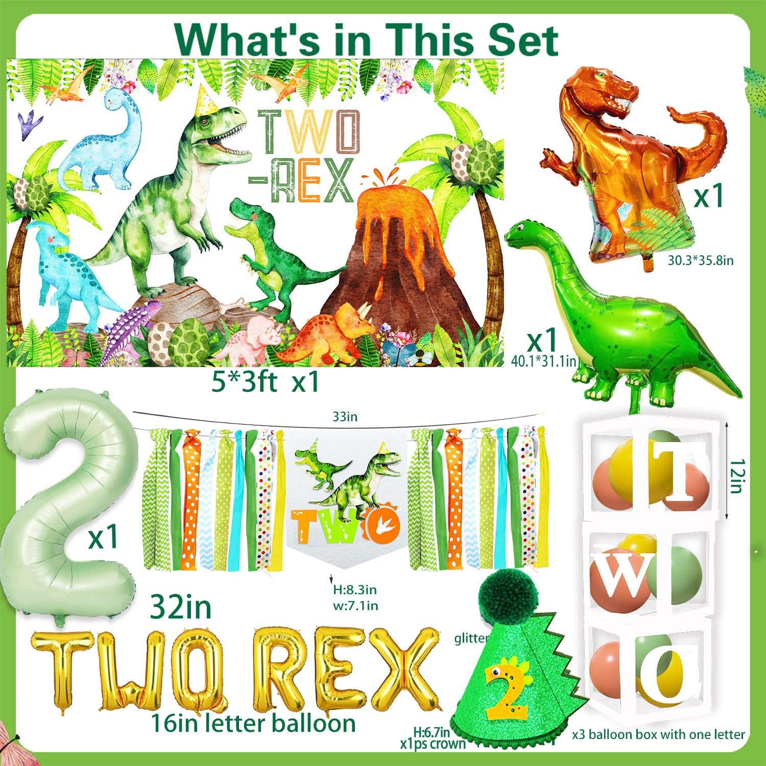 Dinosaur Birthday Party Supplies Two Rex Birthday Decorations Boy Watercolor Trex Dinosaur Tableware Set Balloon Garland Balloon Boxes Highchair Banner Glitter Banner Crown Backdrop TableCloth