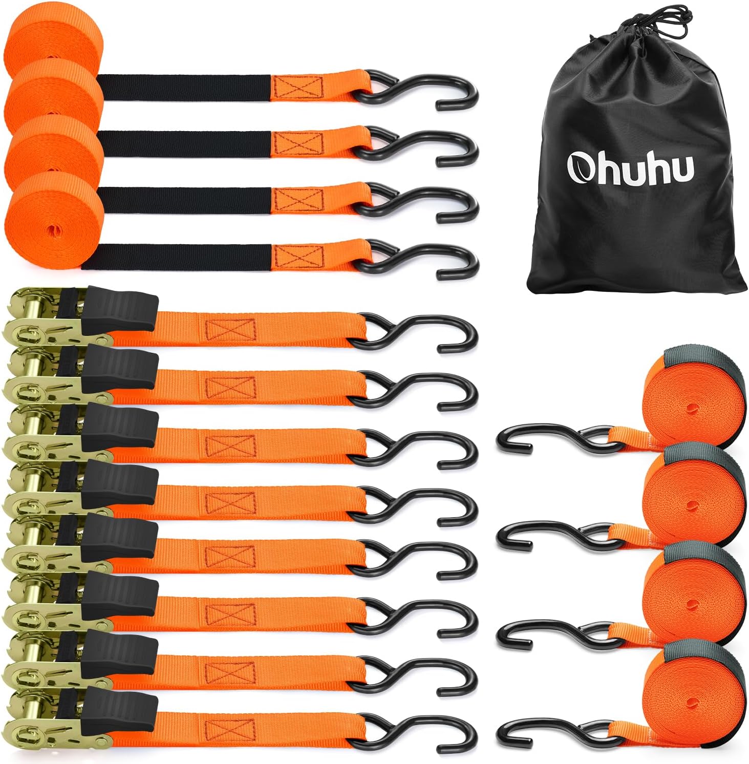 Ratchet Straps with Hook 8 Pack, Ohuhu 4.6m x 25mm 680kg Break Strength Heavy Duty Ratchet Tie Down Straps Lashing Straps with S Hook for Motorcycles/Car/Trailer, Orange
