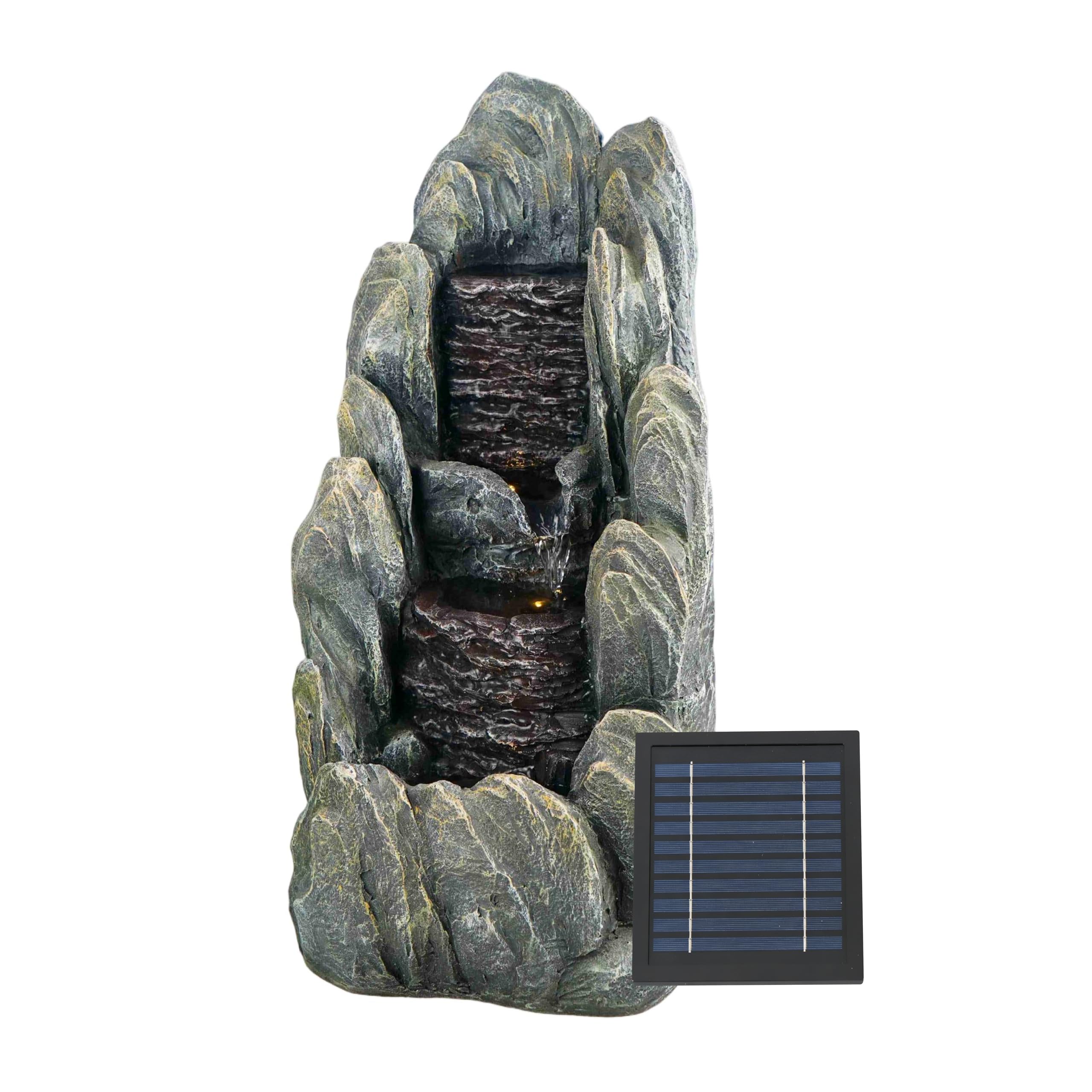 Solar Water Feature, Tiered Cascading Rock with Battery Backup – Solar Powered Garden Fountain, Self-Contained Design, No Wiring or Running Costs, Outdoor Patio & Lawn Décor