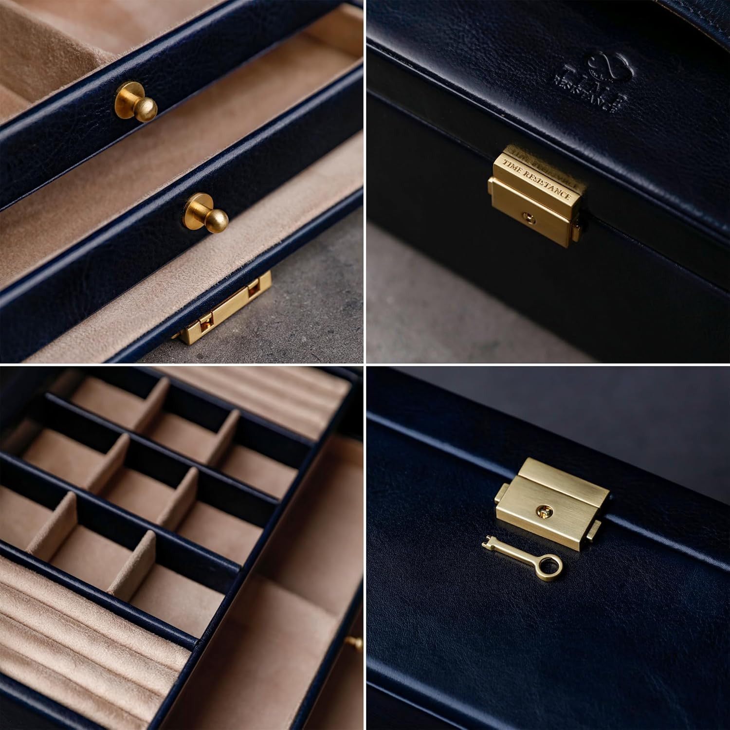 Time Resistance Jewelry Box - Full Grain Leather Jewellery Organizer - Accessories Storage - Key Lock Box for Women (Blue)
