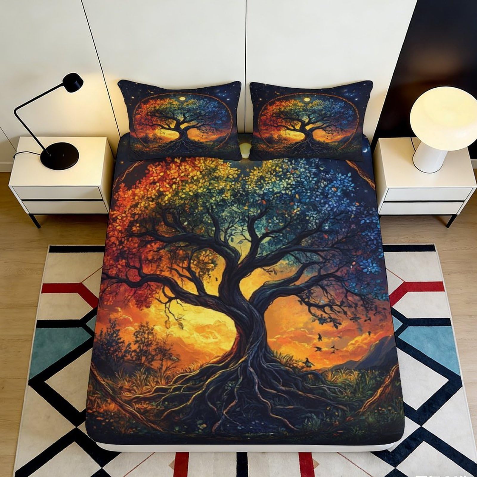 3D Printed Colorful Tree of Life Fitted Sheet Microfiber Breathable Gradient Sunset Bed Cover for Bedroom Guestroom Home Decor 90x200x25cm