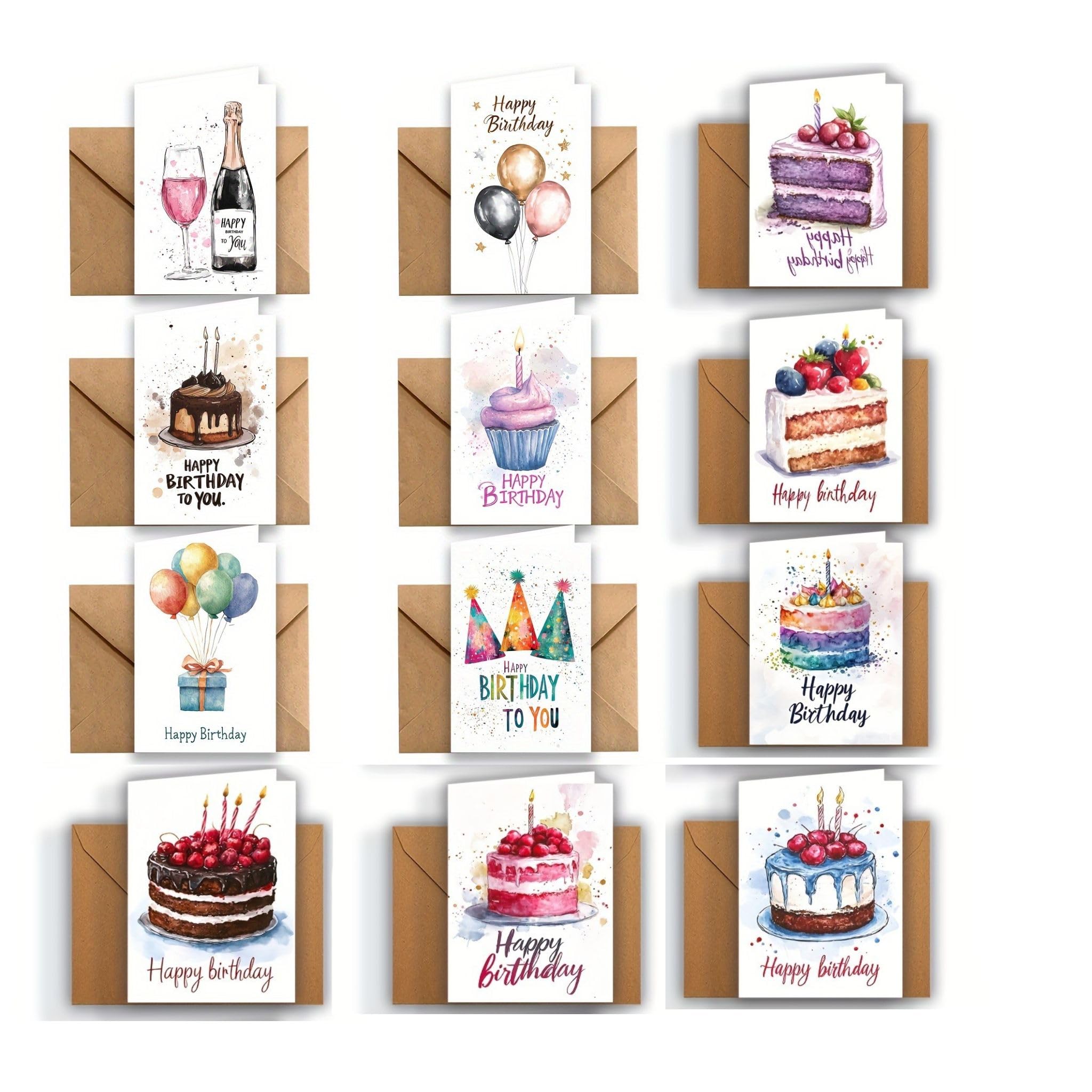 24-Piece Birthday Card Set, 12 Assorted Watercolor Designs, Blank Greeting Cards with Self-Seal Kraft Envelopes, for Women Men Kids Parties