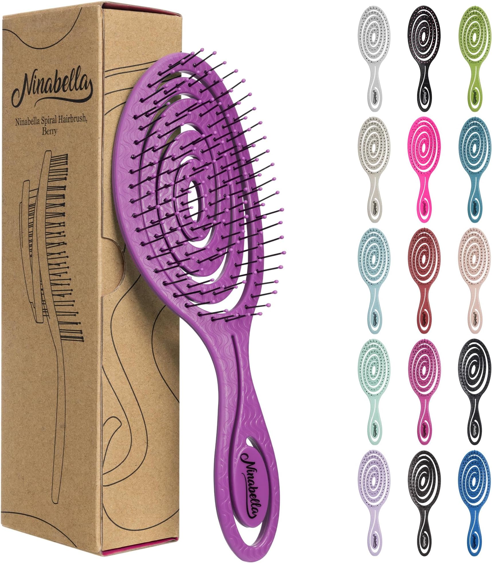 Ninabella Detangling Hair Brush for Women & Men - Does not Pull, Removes Tangles, Brushes for Straight, Curly & Wet Hair - Detangle Brush - Unique Spiral Hairbrush, Berry