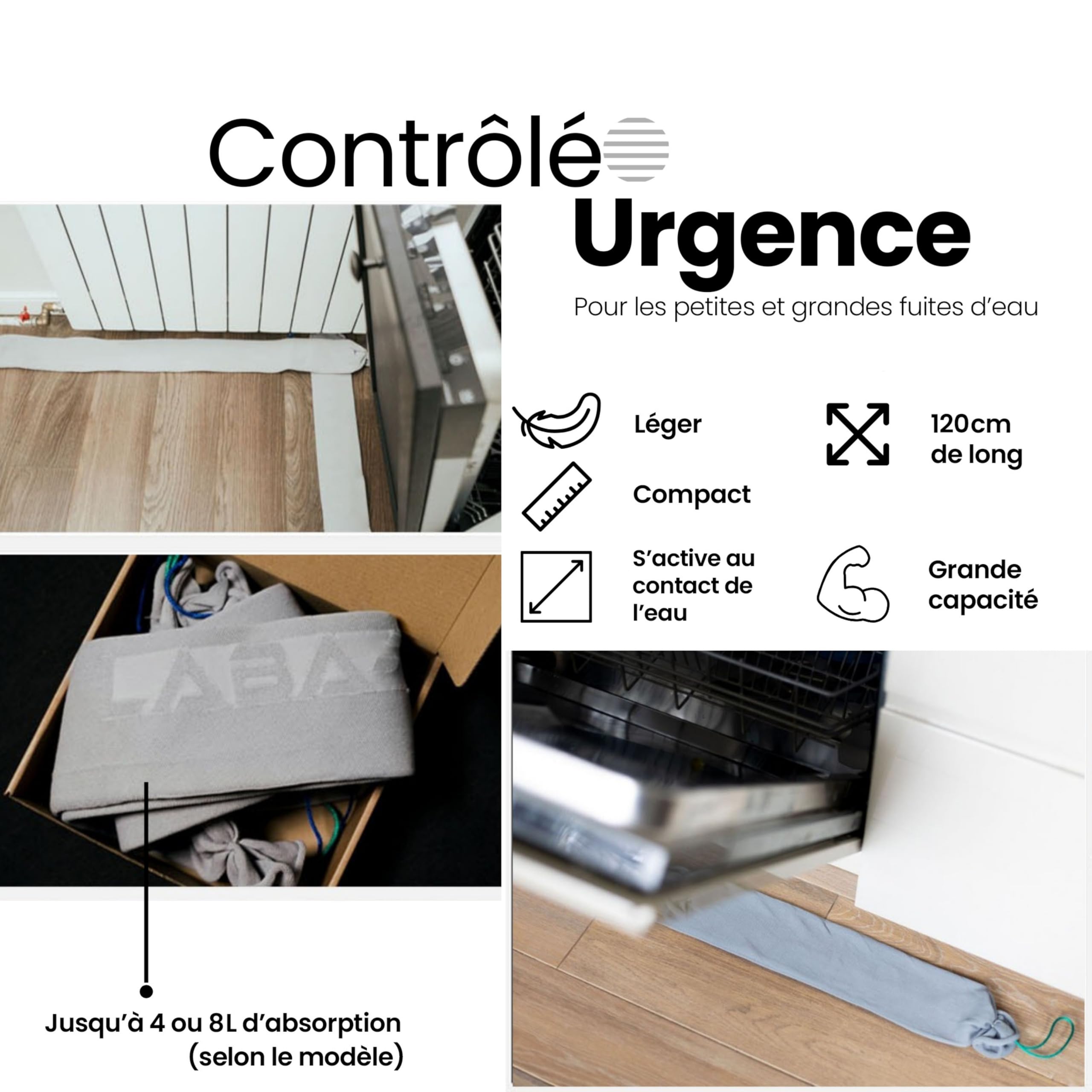 Barrière anti-fuite activée par l'eau pour canalisations, machines à laver et toilettes bouchées – aucune préparation requise, capacité d'absorption jusqu'à 4L et 8L, lot de 3 : 120 × 10 cm, JETABLE