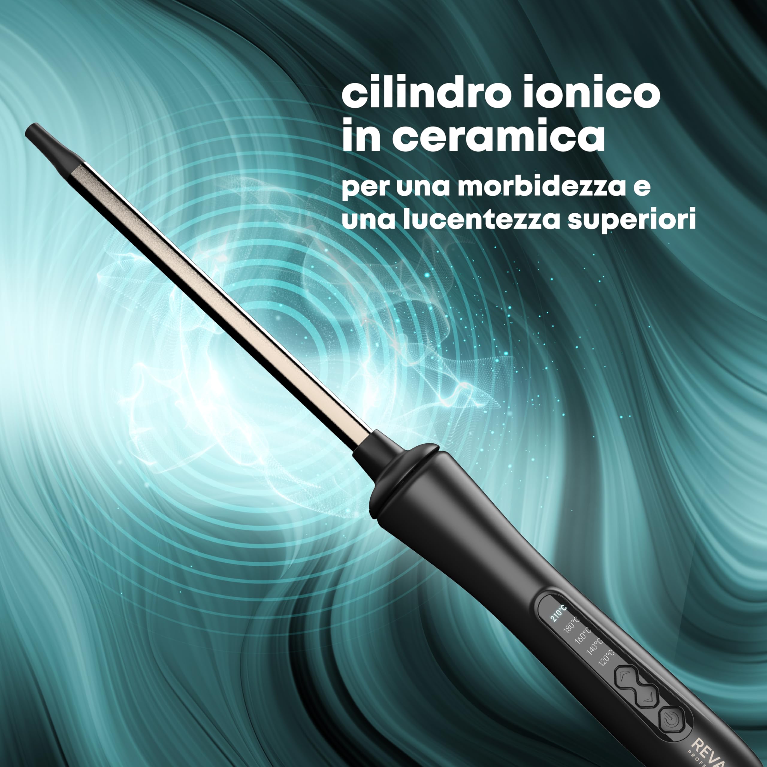 REVAMP Progloss Tight Curl Stick, Ferro Arricciacapelli in Ceramica con Tecnologia Ionica per Capelli Ricci da Stretti a Medi, Infuso con Oli Protettivi, Diametro 10 mm, Temperatura 120°C-210°C, Nero