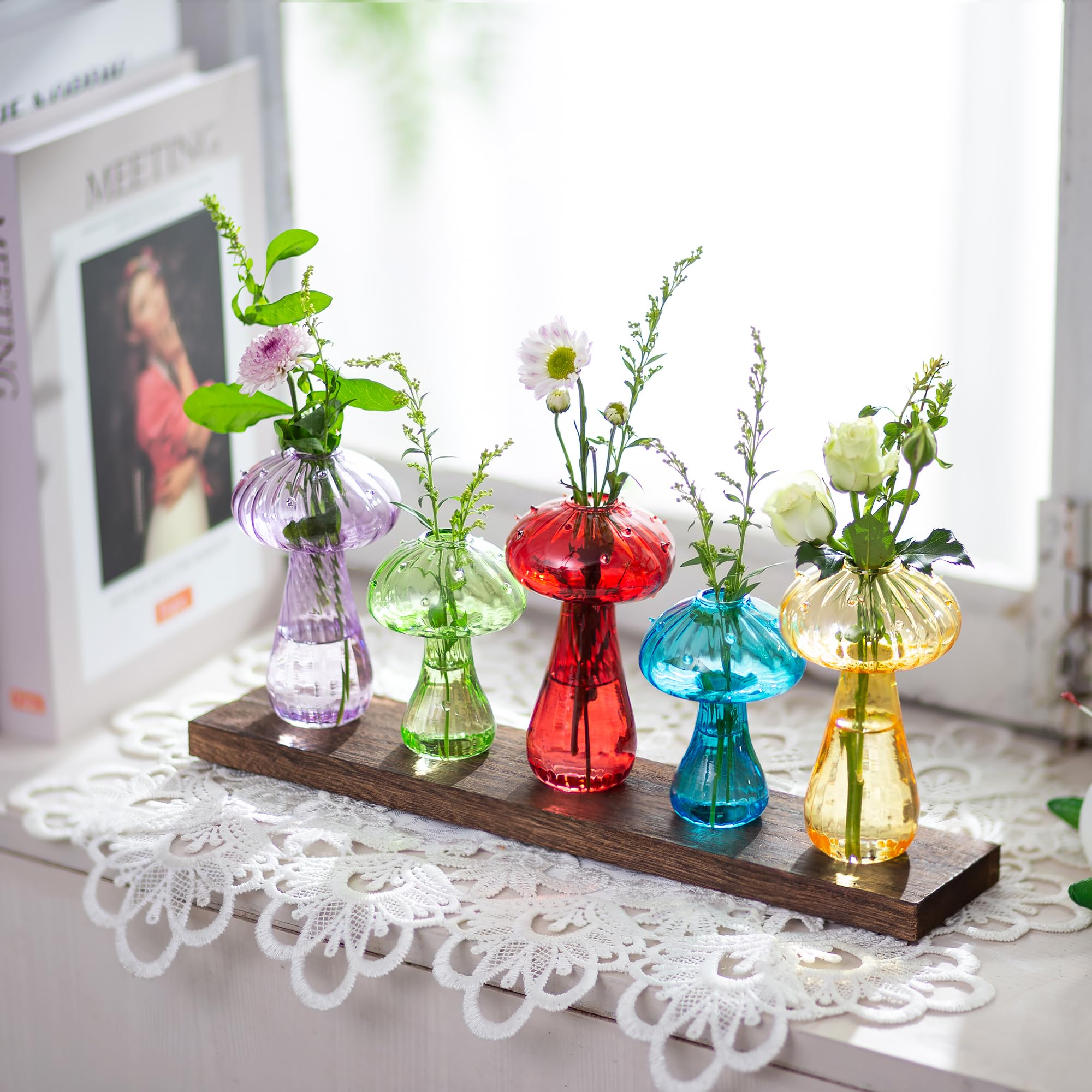 Glasseam Mushroom Flower Vase, Glass Vases for Flowers Set of 5, Modern Propagation Station with Wood - Image 3