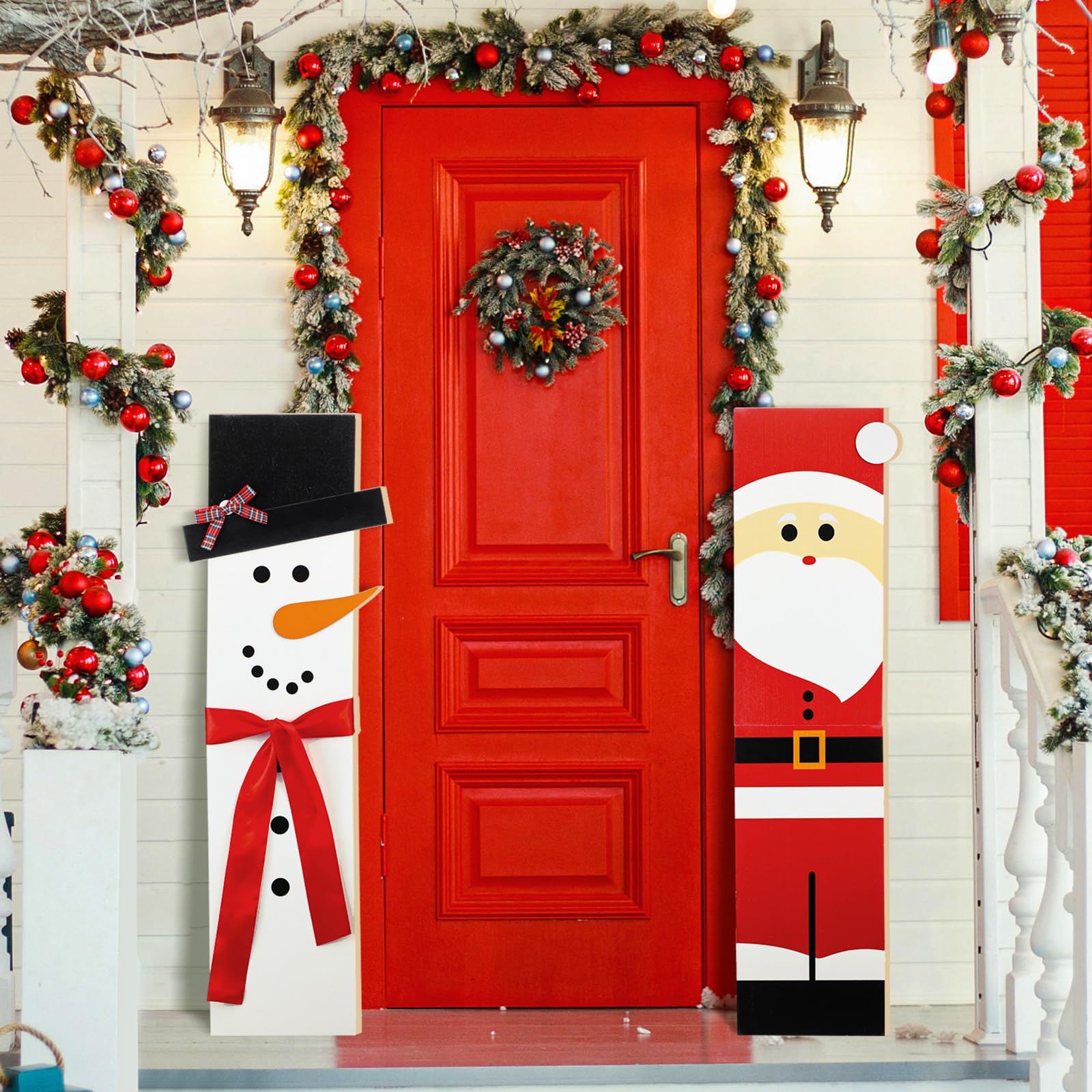 Memorywuu2 Pcs Christmas Snowman Porch Sign Santa Wooden Porch Decor Winter Welcome Standing Sign Standing Decorative Signs Vertical Porch Sign for Xmas Front Door Outdoor Indoor Holiday Decor