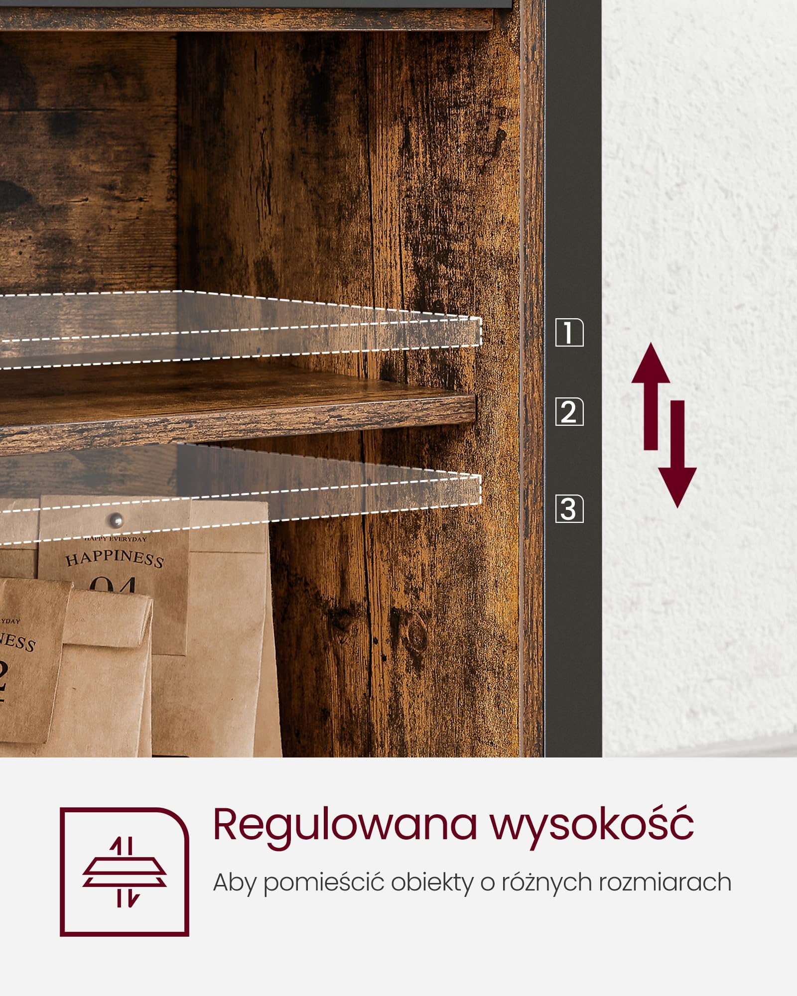 VASAGLE Kredens, szafka kuchenna, szafka do przechowywania, z 2 przesuwnymi drzwiami do stodoły, 33 x 100 x 80 cm, regulowane półki, do salonu, rustykalny brąz i czarny atrament LSC092B01