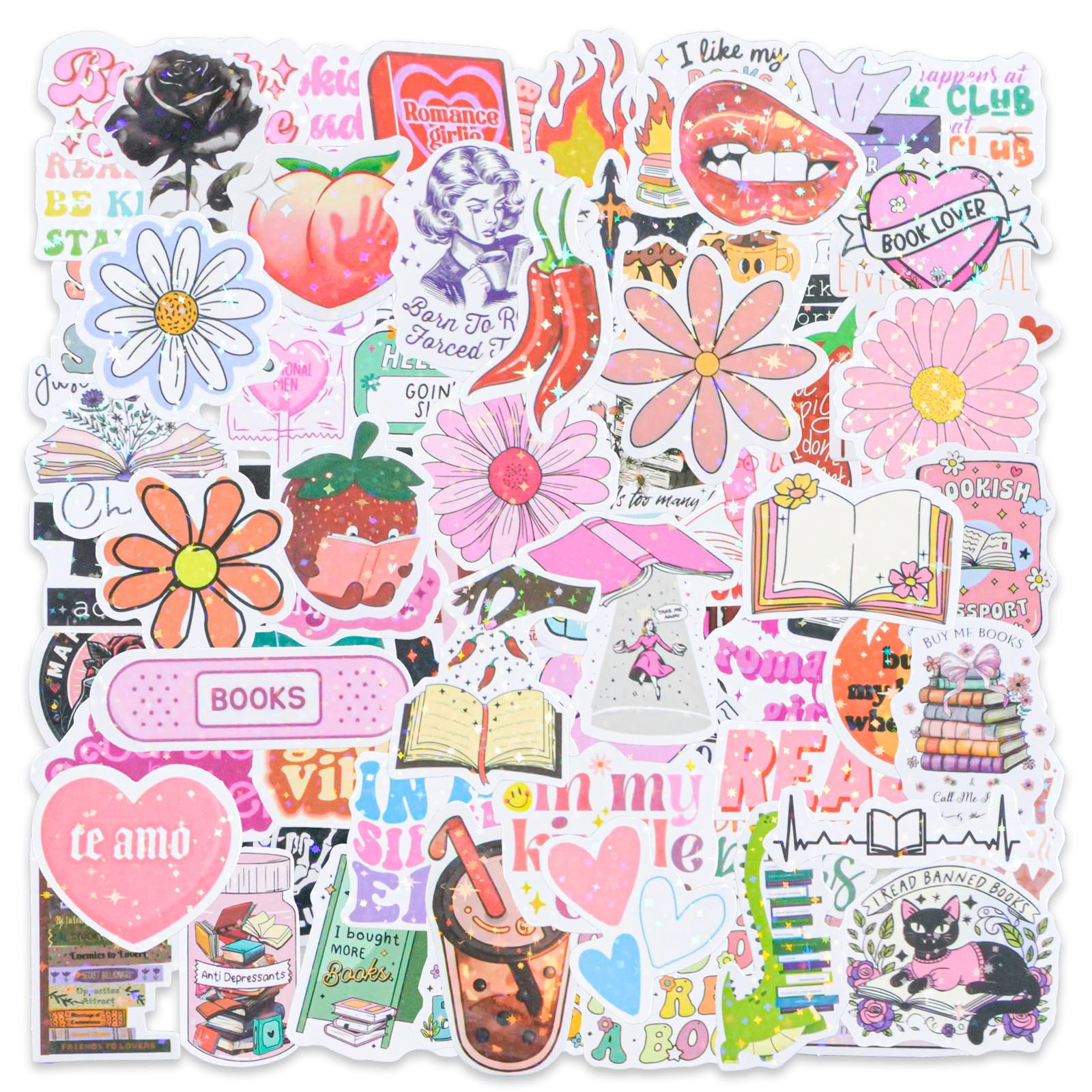 Mianruii Pink 150 Pcs Holographic Shiny Romance Stickers For Kindle, Trendy Bookish Aesthetic Stickers For Journaling, Scrapbooking, Laptop, Kindle,Journal Scrapbook Waterproof