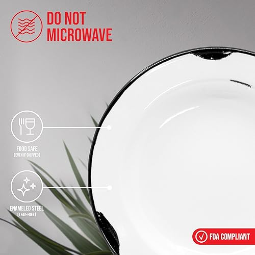 Miniatura 3 de Red Co. Juego de 4 platos de ensalada redondos clásicos de metal esmaltado de 8 pulgadas, borde blanco desgastado/negro