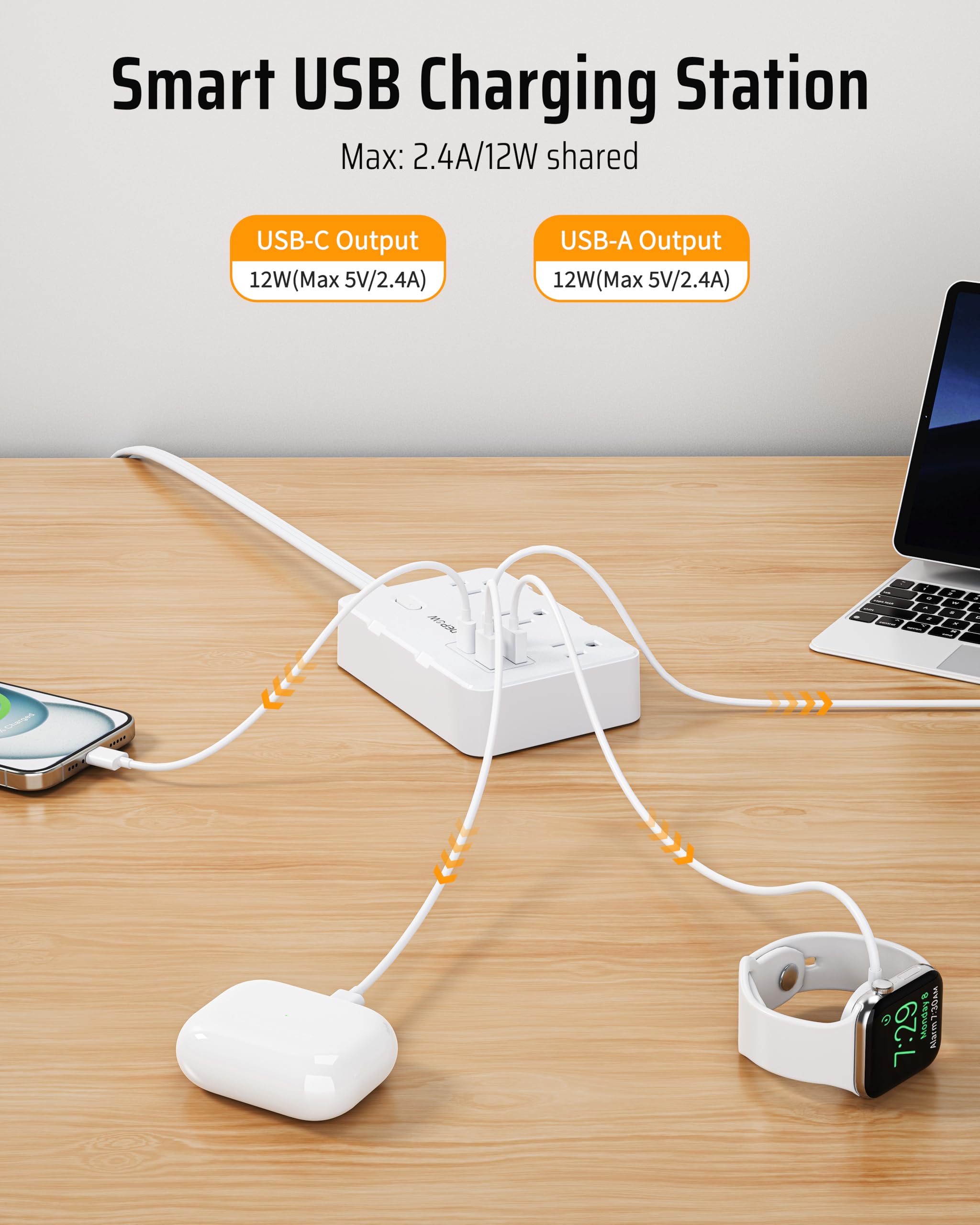 Steckdosenleiste mit 6 AC Steckdosen und 4 USB-A Ports, 45° abgewinkelte Steckdose Ladestation mit Netzschalter, 3 m Verlängerungskabel für Kreuzfahrten, Schlafzimmer,