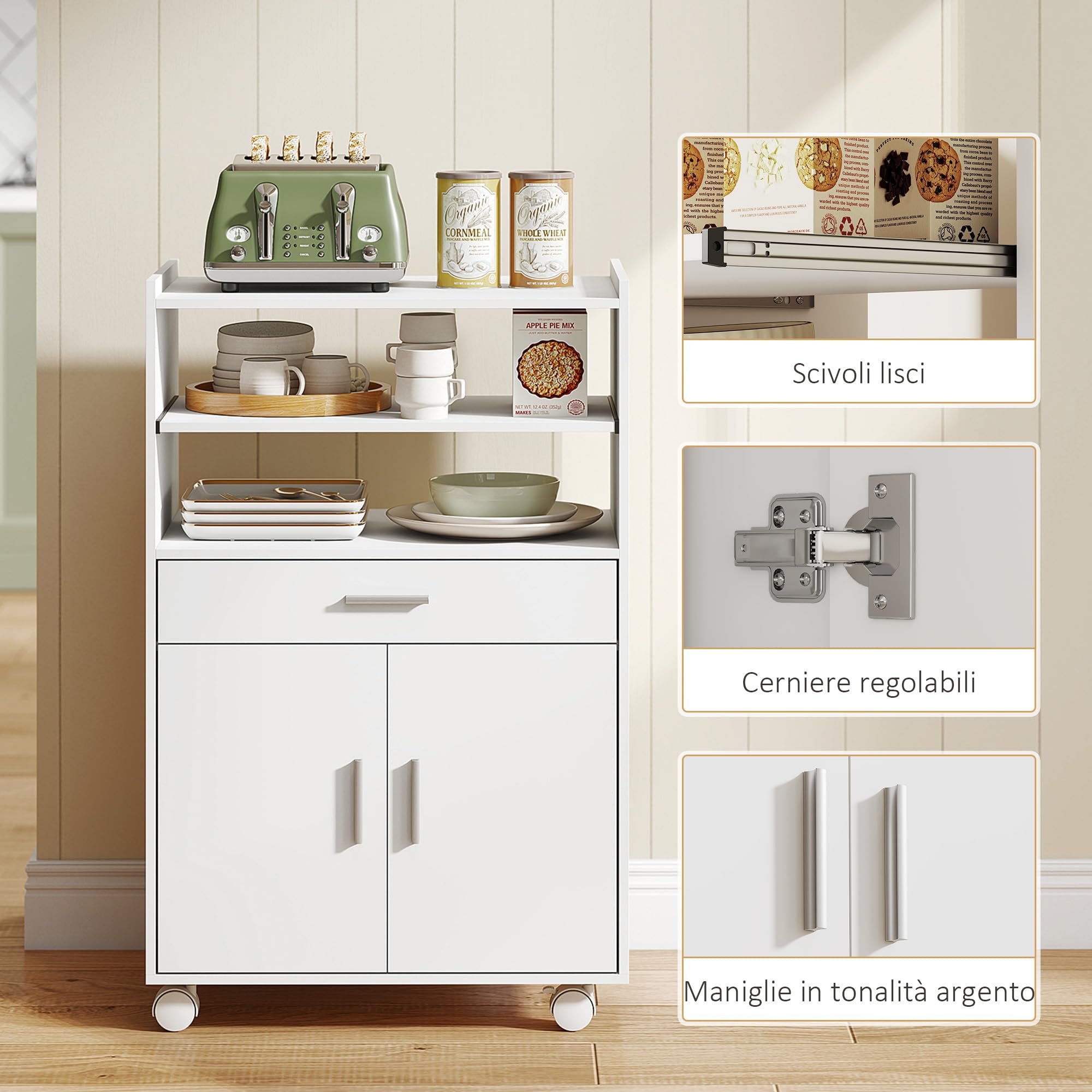 HOMCOM Mobile Microonde con Ruote, Credenza Cucina con Cassetto, Piano per Elettrodomestici, Armadietto a 2 Ante, Ripiano Estraibile e Ripiano Aperto, Carrello Cucina per Soggiorno, 59x40x92cm, Bianco