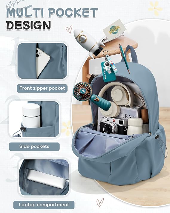 SEAFEW Small Blue Backpack for School Women Girls, Waterproof Bookbag Cute High School Backpack for Men Teen Boys, Lightweight Travel College Back Pack Mochilas Escolares para Casual Daypack Rucksack