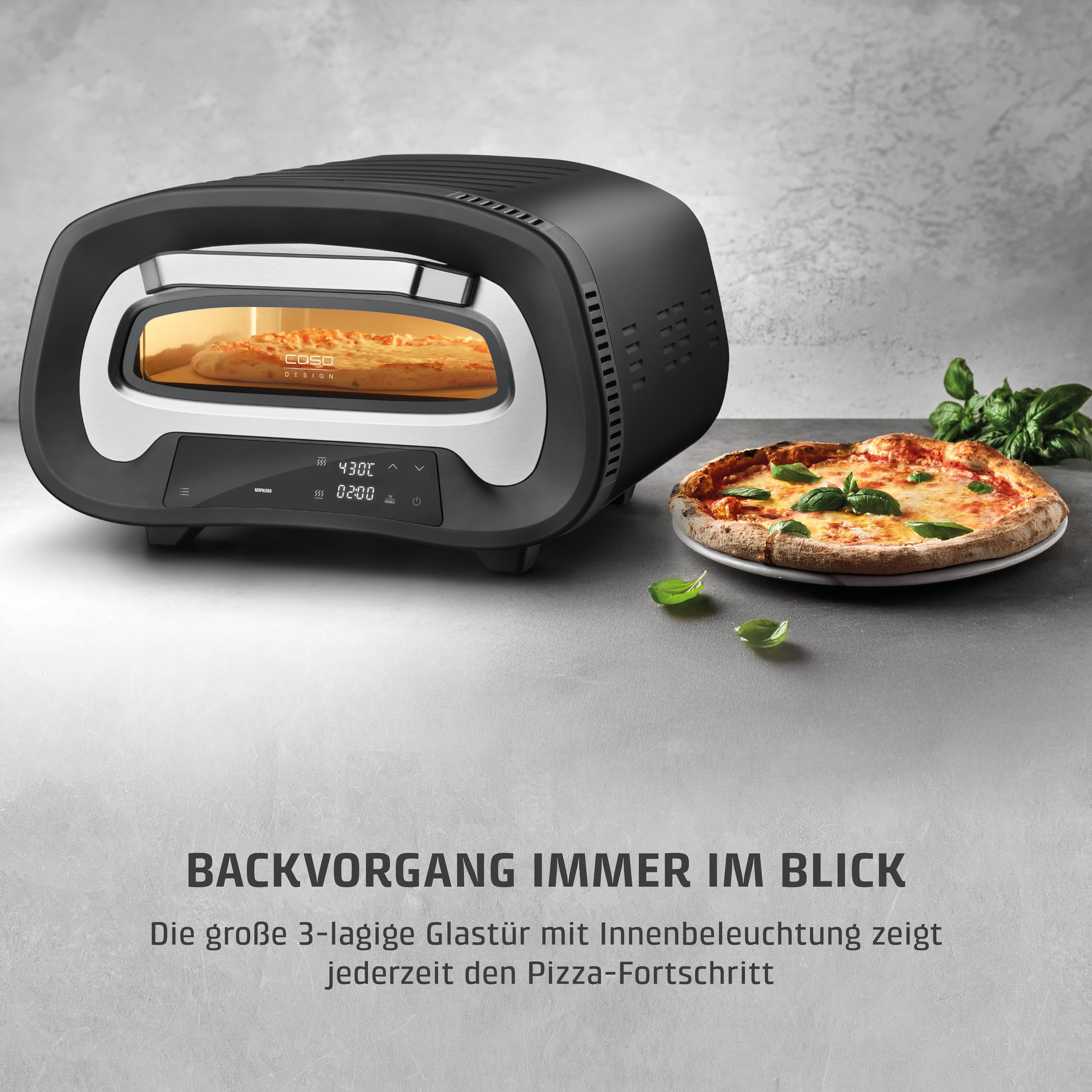 CASO PizzaChef 430° - elektrischer Pizzaofen, 80-430°C, mit Pizzastein | 8 Automatikprogramme, Cordierit Pizzastein (33x33cm), einstellbare Heizelemente, Innenraumbeleuchtung, Timer, Edelstahl
