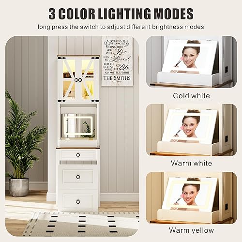 Miniatura 10 de Escritorio de tocador con estación de carga y taburete oculto, mesa de tocador de maquillaje con espejo abatible y luces, tocador con sensor de