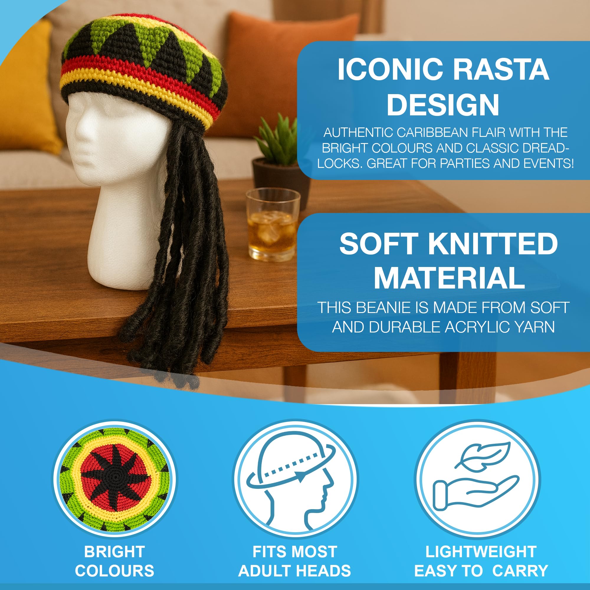 Navoys Adult's Rasta Hat with Dreadlocks, Multicoloured, One Size (26.5cm Diameter, 60cm Length) - Image 3