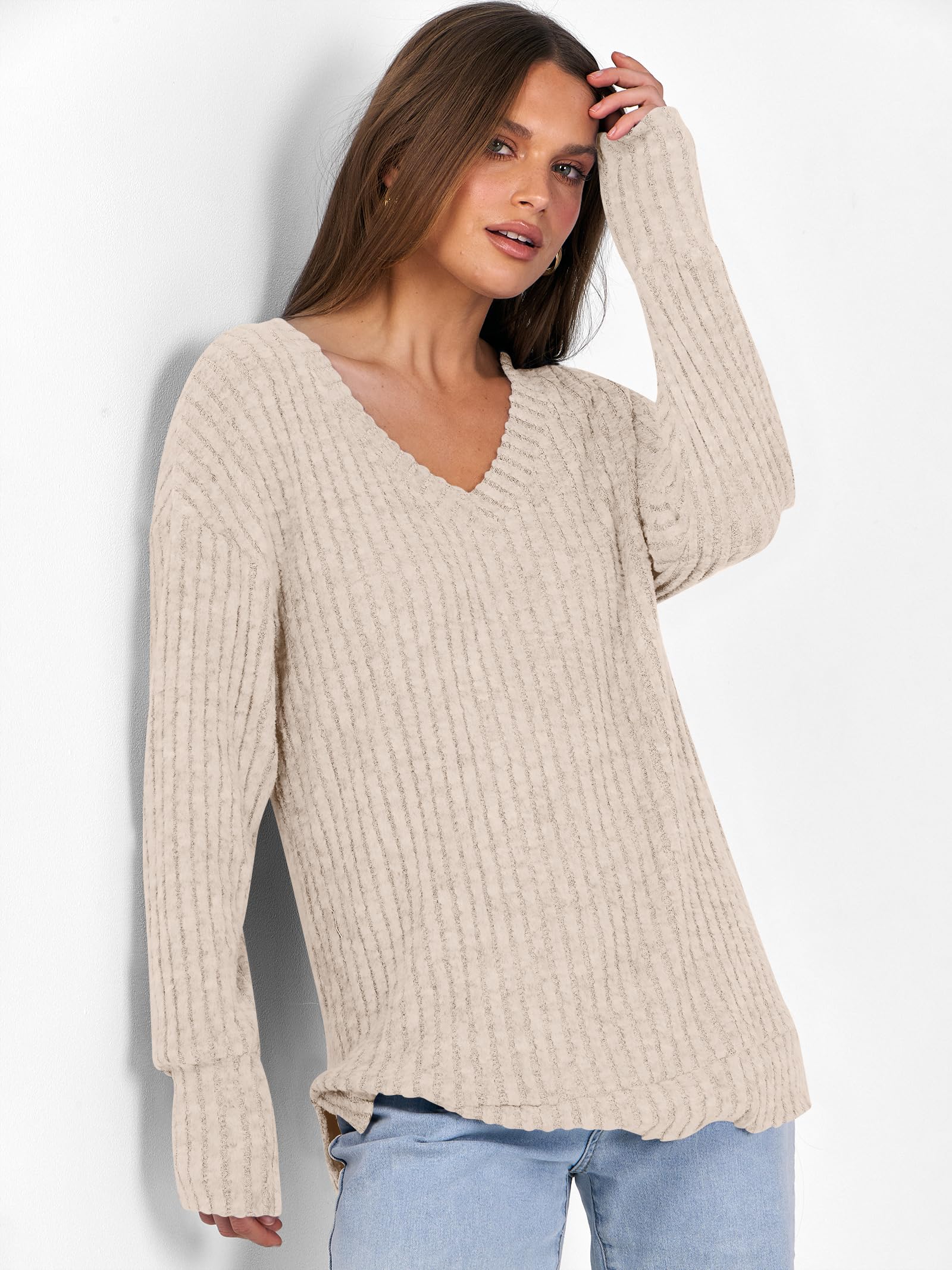 ANRABESS Long Sleeve Shirts for Women V Neck Casual Fall Tops Loose Fit Lightweight Sweaters Tunic Fashion 2025 Clothes