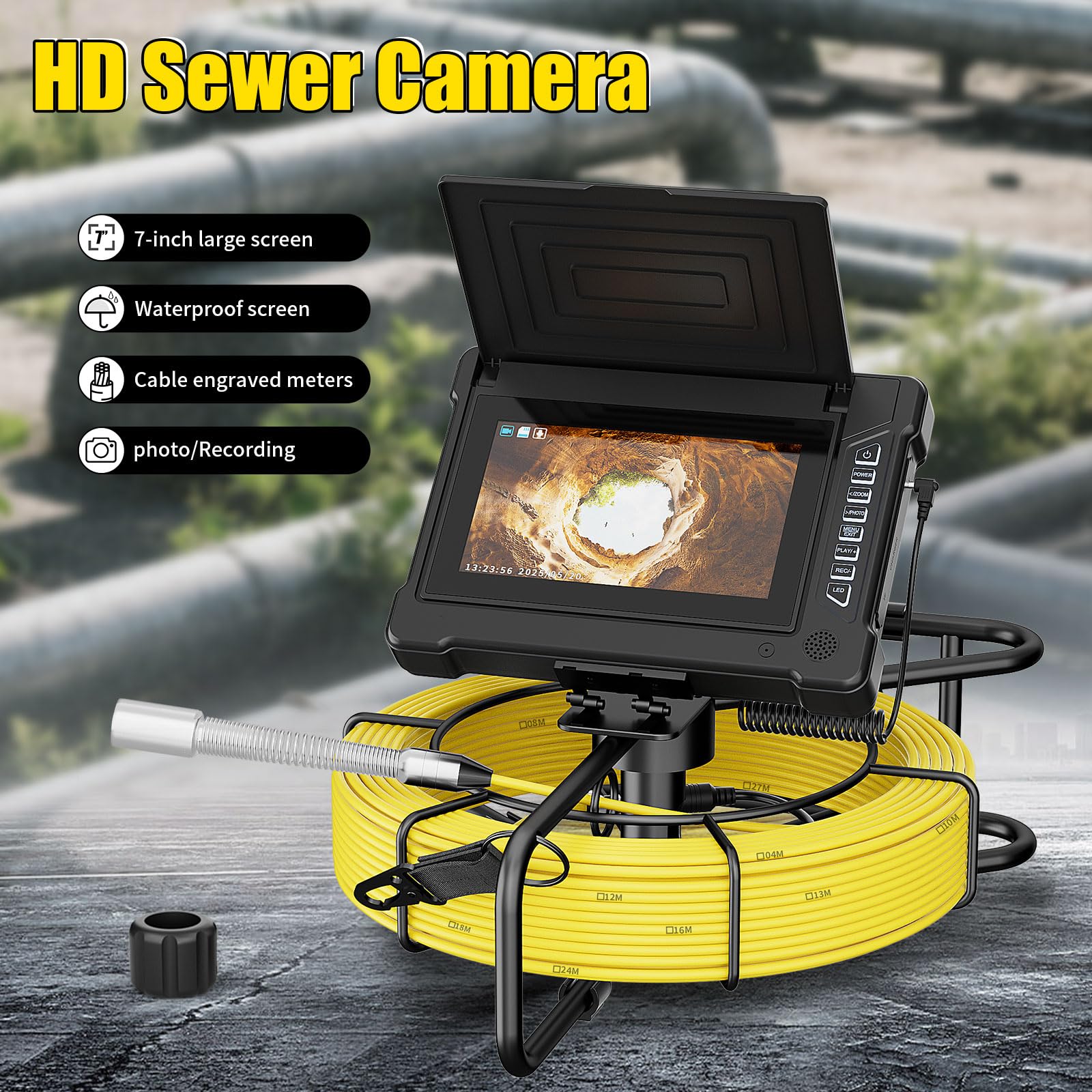 Kamera Kanalizacyjna, Inspekcja Rur Odpływowych Z Funkcją DVR I 12 Diodami LED, Boroskop 23 Mm, Hydraulika, Endoskop 7" 1080P IPS, Karta 16 GB, Do Kanalizacji, Odpływów, Kanałów, Hydr(Size:30 M/98 FT)