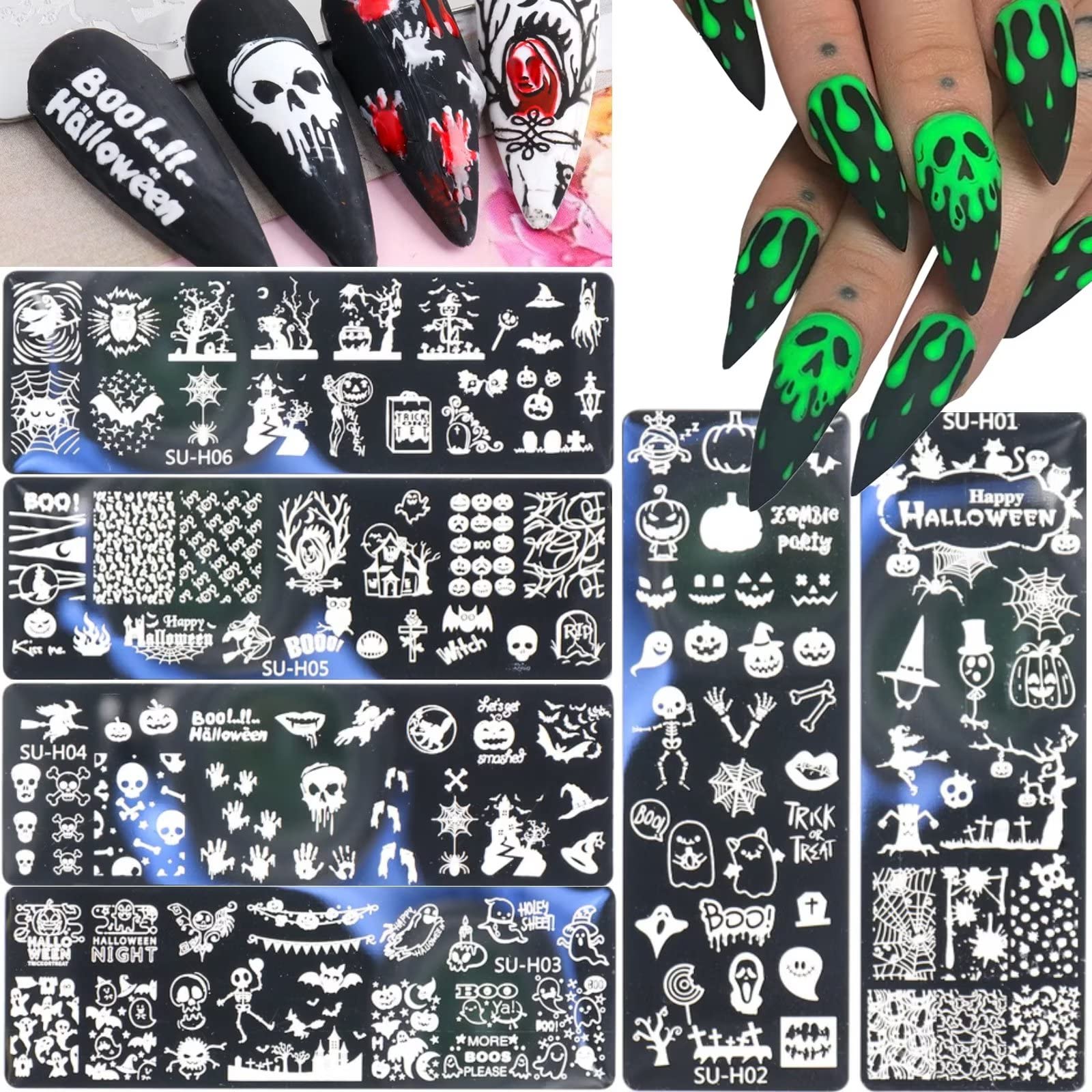 Halloween-Nagelkunst-Stempelplatten, 6-teilige Halloween-Nagelstempel-Plattenvorlagen Kürbis Grimasse Totenkopf Auge Urlaub Party Maniküre Schablonen Design-Werkzeug