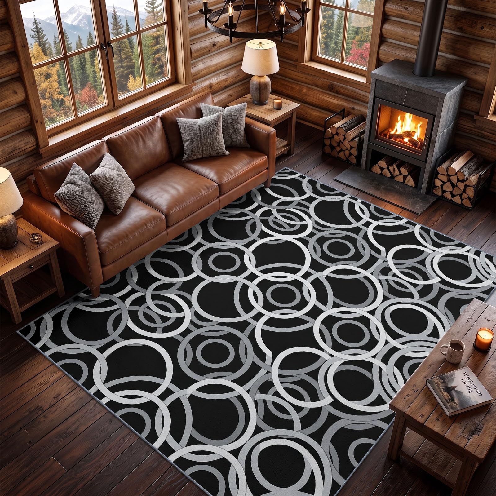 Modern Abstrakt Teppich Wohnzimmer 120 x 180 cm Minimalistisch Geometrisch Ringe Teppich Waschbare Kurzflor Weich rutschfest für Bettvorleger Schlafzimmer Kinderzimmer, Schwarz