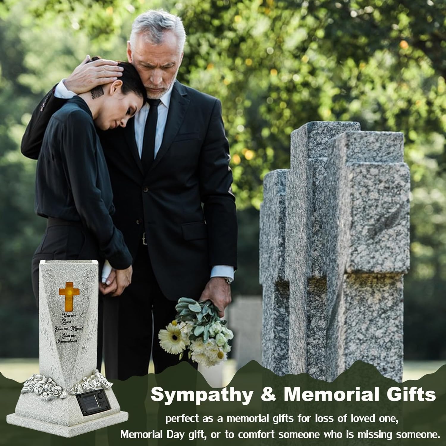 Cemetery Vase, Cometery Decor Solar Vase with LED Lights for Fresh or Artificial Flowers, Solar Grave Flowers Holder Headstones Vases, Sympathy & Memorial Gifts for Loss of Loved One (Grey)