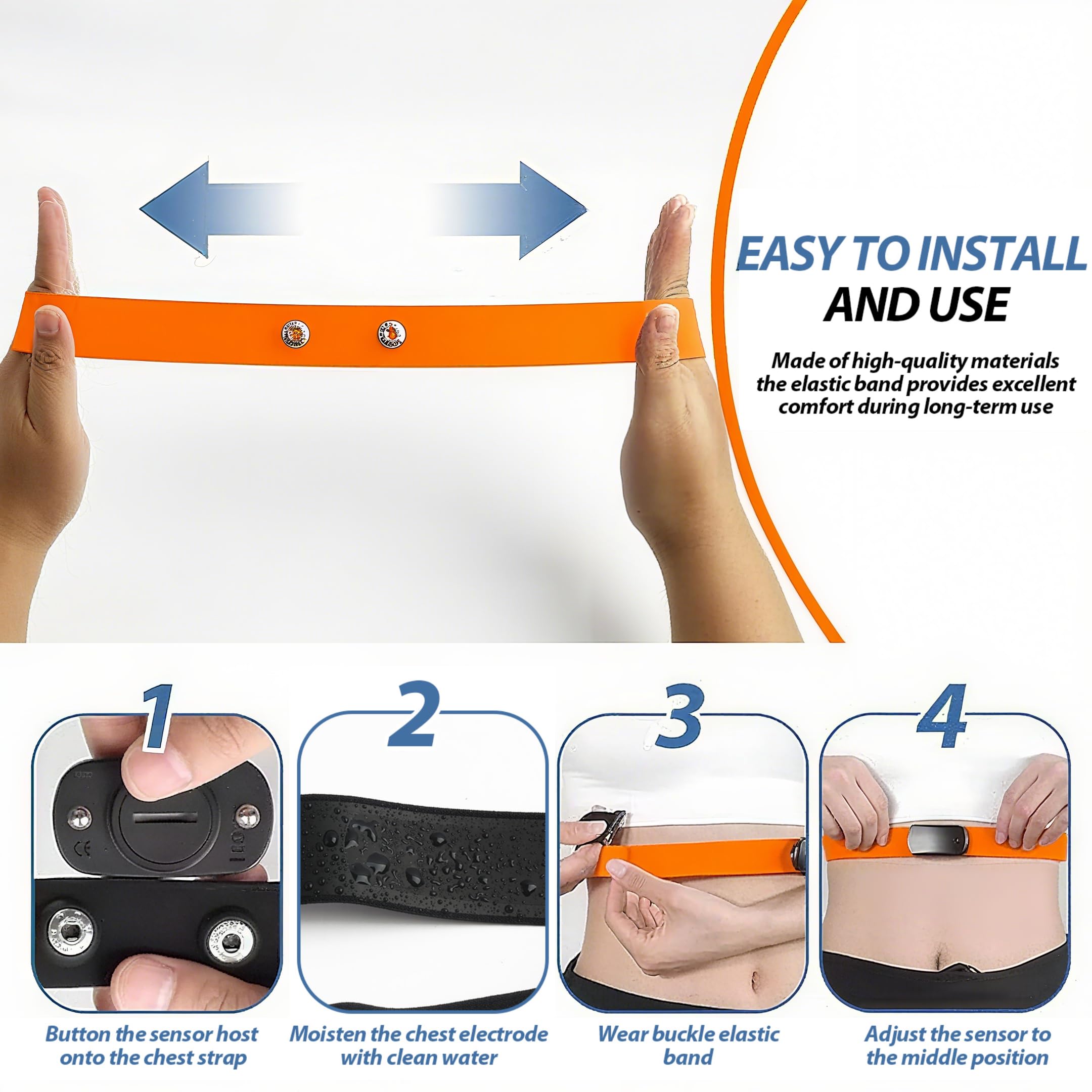Fascia Cardio Toracica Regolabile 75-105 cm con Sensori Bluetooth ANT+ Compatibile con Polar H10 Wahoo Coospo Magene - Arancia Cintura Impermeabile per Corsa Ciclismo Allenamento Intenso