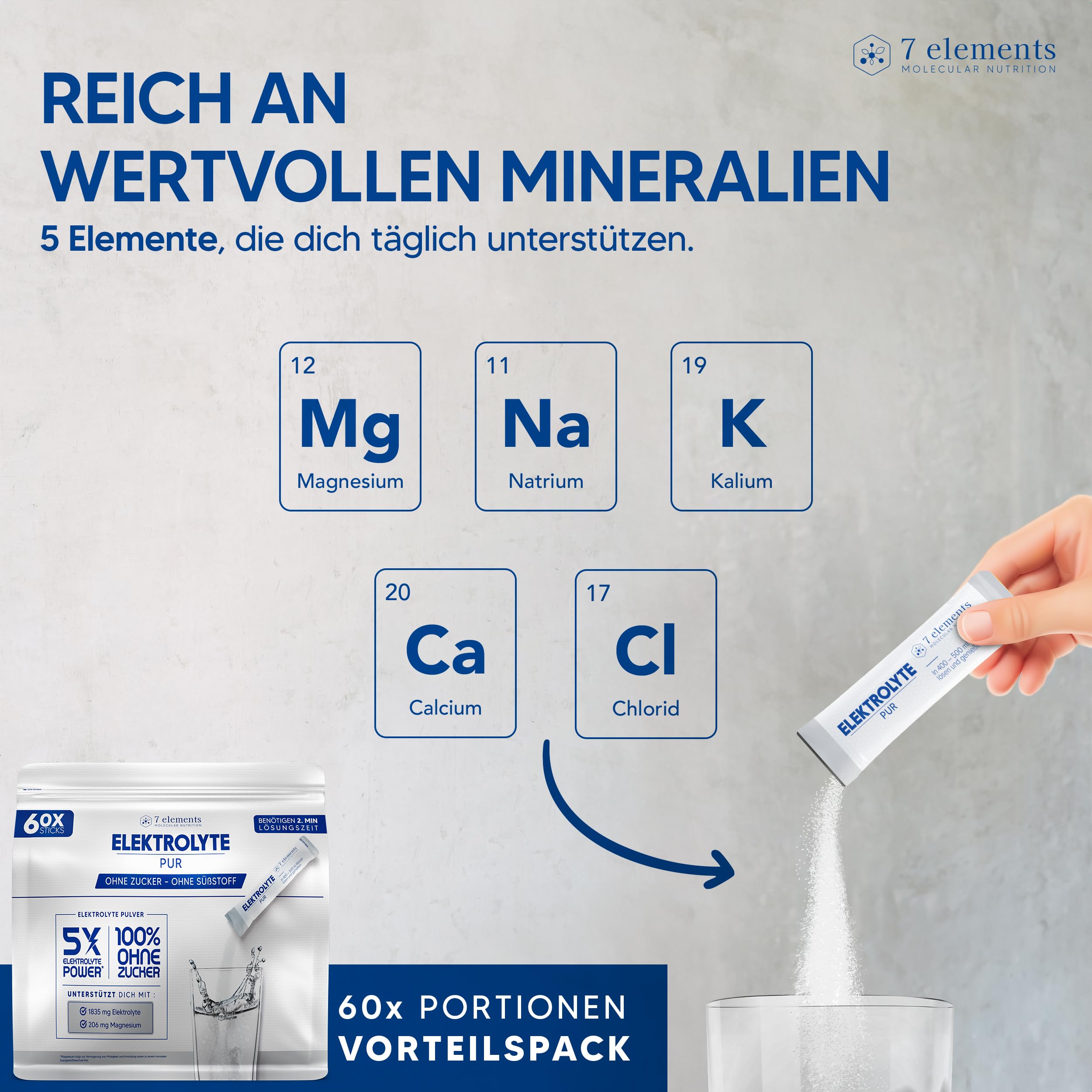 Elektrolyte PUR - 60 Stück - Ohne Zucker & ohne Süßungsmittel - 1835mg Elektrolyte für Sport und den täglichen Bedarf - Ohne Zusätze und Aromen - isotonisches Elektrolytgetränk - KETO
