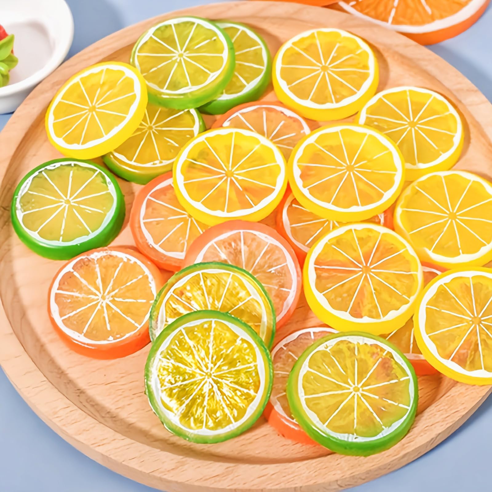 Tivleed 24 Pcs Fake Lemon Slices, Artificial Plastic Fruit Decor - Realistic Yellow/Green/Orange Slices for Wedding, Kitchen, DIY Crafts, Photography Props (5x1cm & 4x0.5cm)